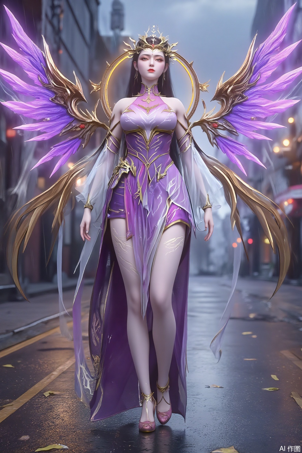 SFW, Best Quality, Masterpiece, 8k, 1Girl, Full Body, Long Hair, Pink Exquisite Headwear, long Dresses, Lace Skirt, Purple Eyes, Dress, Angel Wings, Long Legs, White Pantyhose, Long Legs Very Sexy, (High Heels: 1.5), Golden High Heels, Chest, (Big Breasts: 2.99), (Full Breasts: 2.9) Rainy Background, Standing on a street full of puddles, Whistling Wind, Rain, Swinging Street Lights Shining, Scattered Leaves, Reflections on the Water Surface,Xziyanlonghuang,XcaiyunK,XlimuwanJCB,Xjiningshuang,XjiningshuangX2,XzixinK