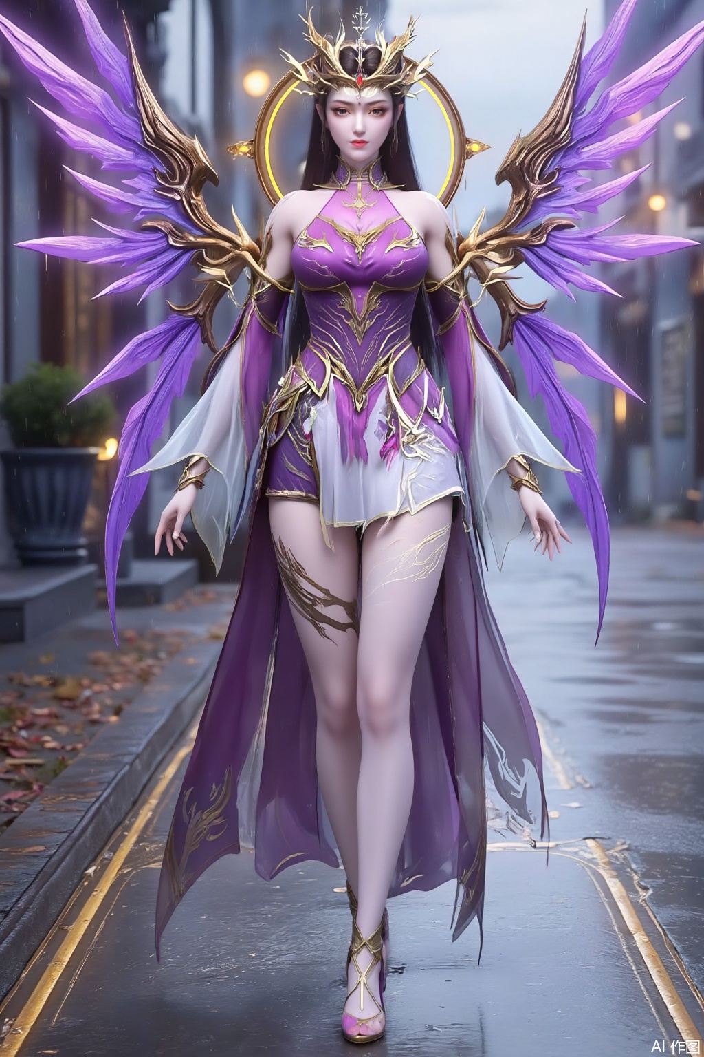 SFW, Best Quality, Masterpiece, 8k, 1Girl, Full Body, Long Hair, Pink Exquisite Headwear, long Dresses, Lace Skirt, Purple Eyes, Dress, Angel Wings, Long Legs, White Pantyhose, Long Legs Very Sexy, (High Heels: 1.5), Golden High Heels, Chest, (Big Breasts: 2.99), (Full Breasts: 2.9) Rainy Background, Standing on a street full of puddles, Whistling Wind, Rain, Swinging Street Lights Shining, Scattered Leaves, Reflections on the Water Surface,Xziyanlonghuang,XcaiyunK,XlimuwanJCB,Xjiningshuang,XjiningshuangX2,XzixinK