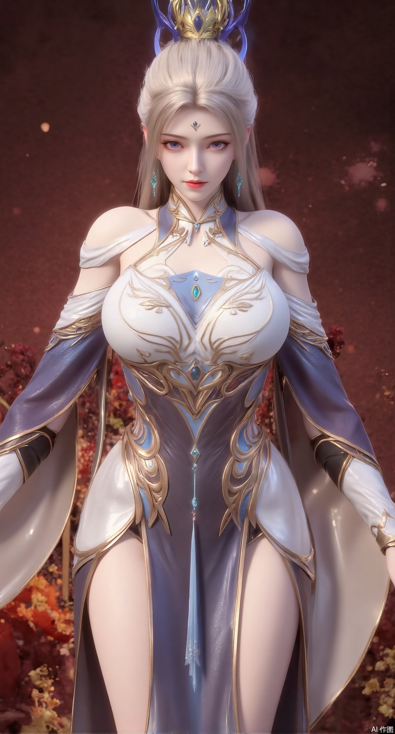 (masterpiece:1.2),1girl,long hair,purple eyes,very long hair,hair_ornament,hanfu ((knee shot)), ((Shoot at random angles)), ((Visible cleavage)), ((E-cup)), ((I-type Valley)), ((Warm colors)), (Galaxy Background), Long-range shooting, A beautiful woman,Elegant posture,Standing,Slender figure。Her legs are slender and straight,Cross placement,Forming a perfect diagonal composition。Head gently sideways,Long blond hair falls naturally,Gently brushing her shoulders。Soft colors,In stark contrast to her fair skin。The edge of the skirt ripples gently,As if swaying in the breeze。Her eyes were gentle,There is a faint smile on the lips。The whole picture looks very harmonious and beautiful.(huge breasts:2.99),(full breasts:2.99),,XliushenWDDk,Xziyanlonghuang,XjiningshuangX2,XcaiyunxianziK,XlimuwanXJCB,XzilingK