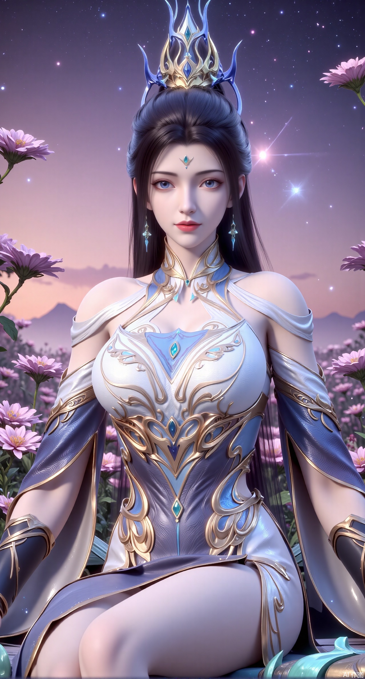 (masterpiece:1.2),best quality,,an anime CG style image.A girl has long purple hair,There is a crown on her head,She has beautiful and delicate facial features, fair skin, and wearing a white dress,sitting Floating islands in celestial valley, bioluminescent flora under starlight, pastel pink and aqua auroras, dreamlike composition with impossible physics, 3D render style.(huge breasts:2.99),(full breasts:2.99),,XliushenWDDk,Xziyanlonghuang,XjiningshuangX2,XcaiyunxianziK,XlimuwanXJCB,XzilingK