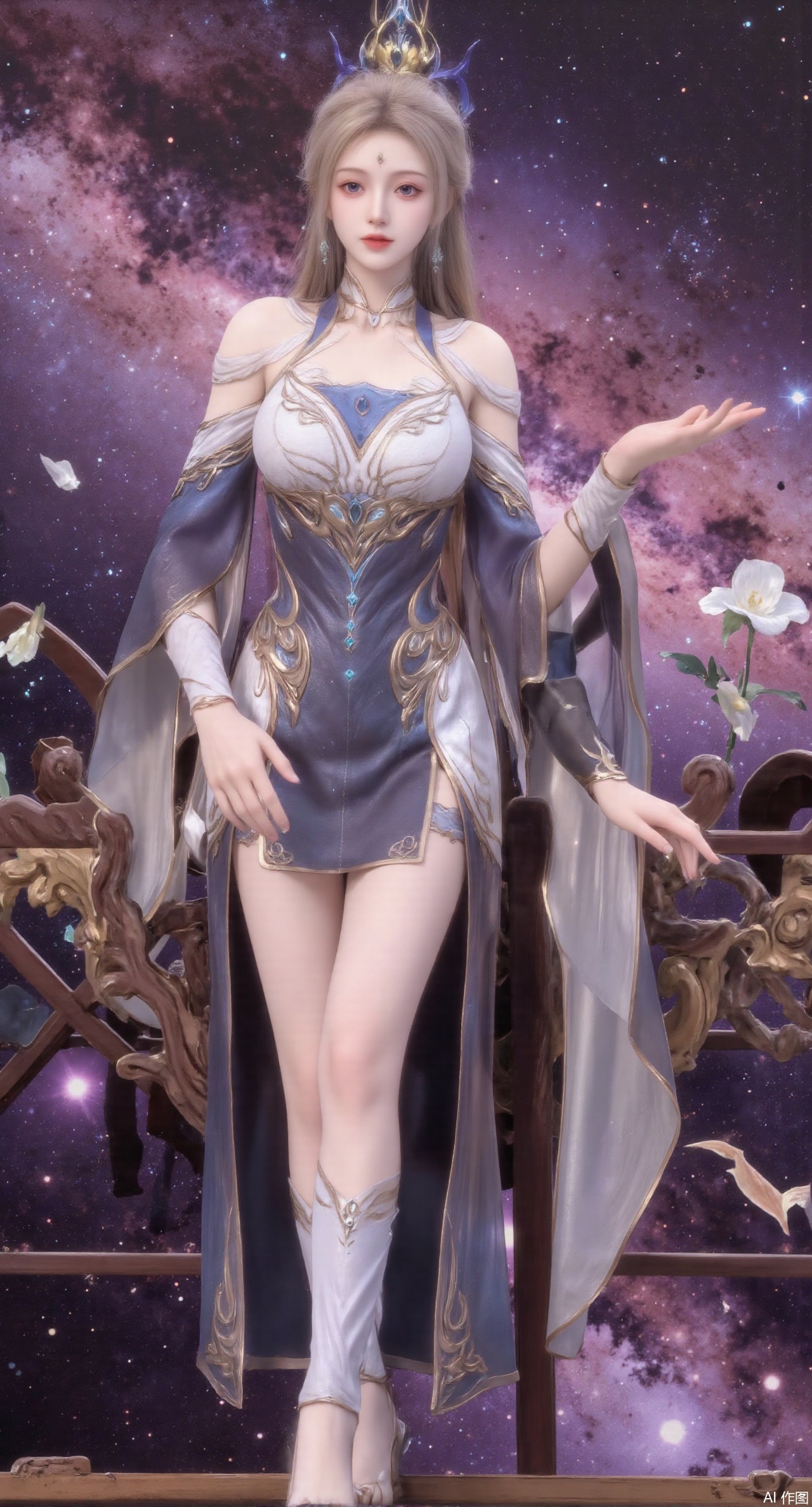 (masterpiece:1.2),1girl,long hair,purple eyes,very long hair,hair_ornament,hanfu ((knee shot)), ((Shoot at random angles)), ((Visible cleavage)), ((E-cup)), ((I-type Valley)), ((Warm colors)), (Galaxy Background), Long-range shooting, A beautiful woman,Elegant posture,Standing,Slender figure。Her legs are slender and straight,Cross placement,Forming a perfect diagonal composition。Head gently sideways,Long blond hair falls naturally,Gently brushing her shoulders。Soft colors,In stark contrast to her fair skin。The edge of the skirt ripples gently,As if swaying in the breeze。Her eyes were gentle,There is a faint smile on the lips。The whole picture looks very harmonious and beautiful.(huge breasts:2.99),(full breasts:2.99),,XliushenWDDk,Xziyanlonghuang,XjiningshuangX2,XcaiyunxianziK,XlimuwanXJCB,XzilingK