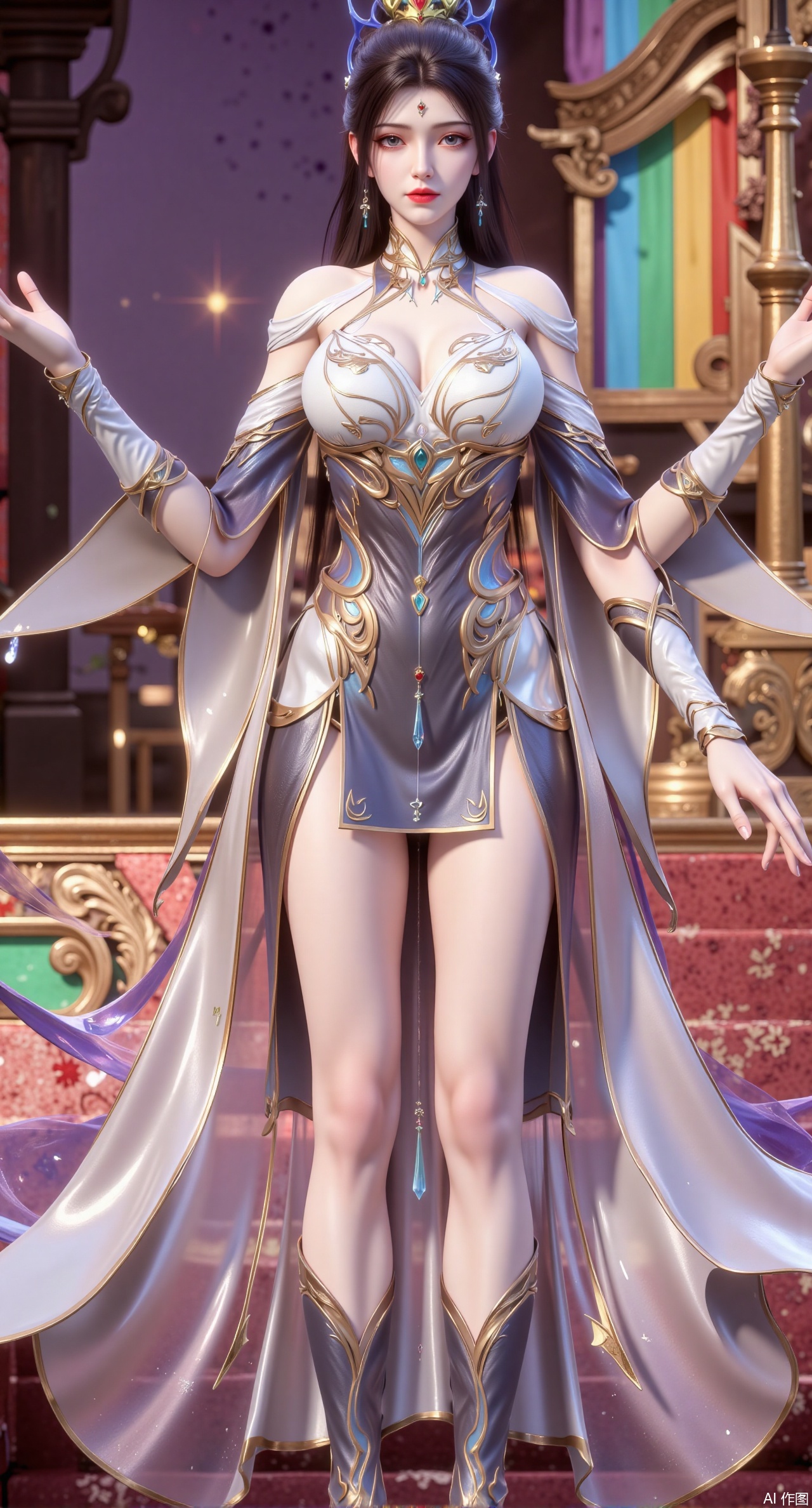  (masterpiece:1.2),best quality,a 3D rendering of a young woman posing in a futuristic outfit She is standing on a stage with a rainbow-colored background The woman is wearing a strapless, metallic bodysuit with a sweetheart neckline and a ruffled skirt that falls below her knees The bodysuits are covered in a shiny, iridescent material that reflects the light and creates a rainbow effect She has long dark hair styled in loose waves and a small flower in her hair The overall aesthetic of the image is futuristic and edgy.(huge breasts:2.99),(full breasts:2.99),,XliushenWDDk,Xziyanlonghuang,XjiningshuangX2,XlimuwanXJCB,XcaiyunxianziK