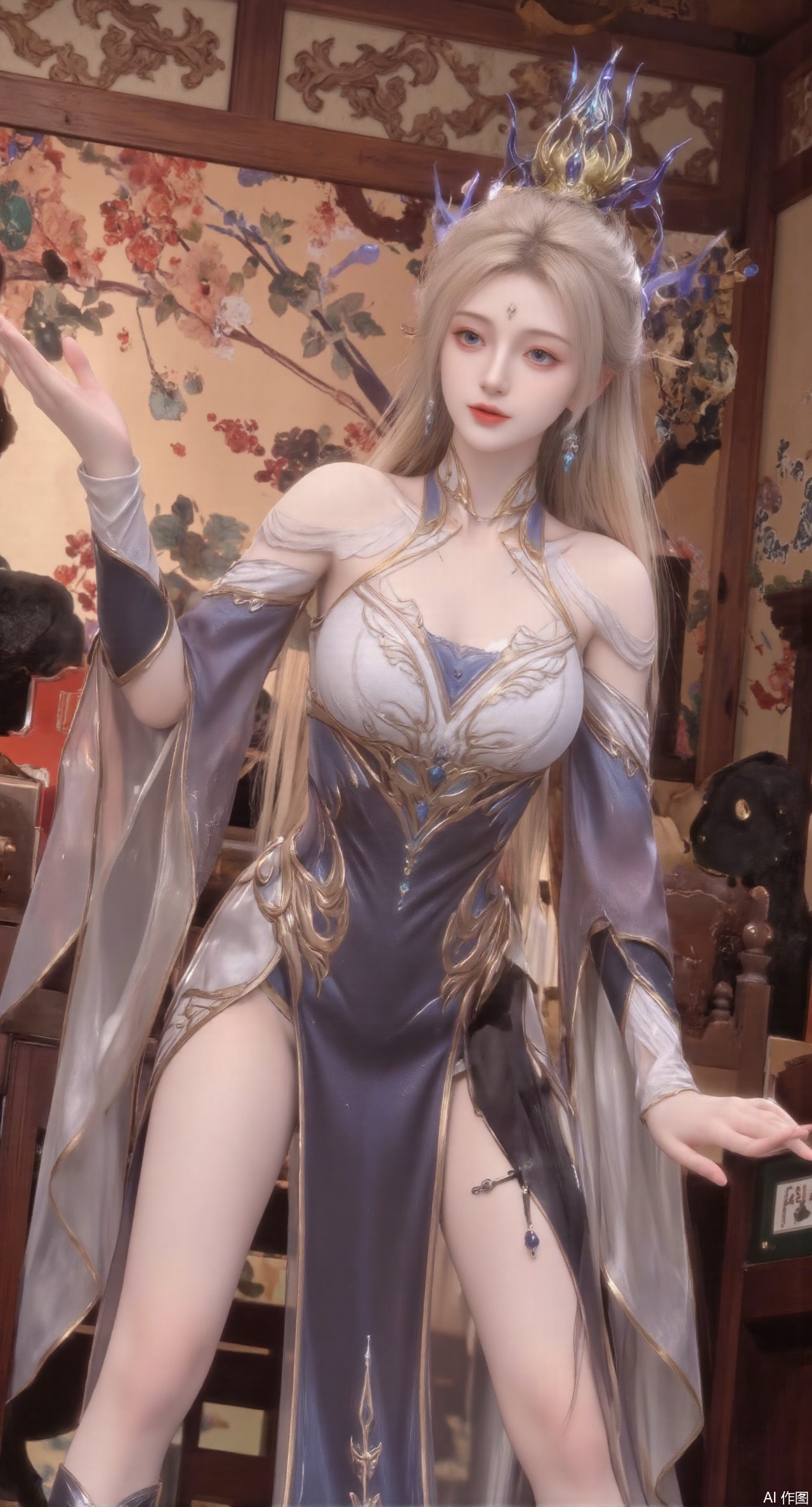 (masterpiece:1.2),1girl,long hair,purple eyes,very long hair,hair_ornament,hanfu ((knee shot)), ((Shoot at random angles)), ((Visible cleavage)), ((E-cup)), ((I-type Valley)), ((Warm colors)), (Galaxy Background), Long-range shooting, A beautiful woman,Elegant posture,Standing,Slender figure。Her legs are slender and straight,Cross placement,Forming a perfect diagonal composition。Head gently sideways,Long blond hair falls naturally,Gently brushing her shoulders。Soft colors,In stark contrast to her fair skin。The edge of the skirt ripples gently,As if swaying in the breeze。Her eyes were gentle,There is a faint smile on the lips。The whole picture looks very harmonious and beautiful.(huge breasts:2.99),(full breasts:2.99),,XliushenWDDk,Xziyanlonghuang,XjiningshuangX2,XcaiyunxianziK,XlimuwanXJCB,XzilingK