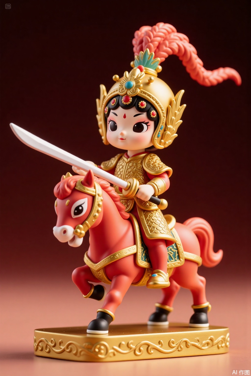 Chinese style figure doll, opera style, sword and horse costume, holding a spear, wearing golden armor, golden feather helmet, swaying movements