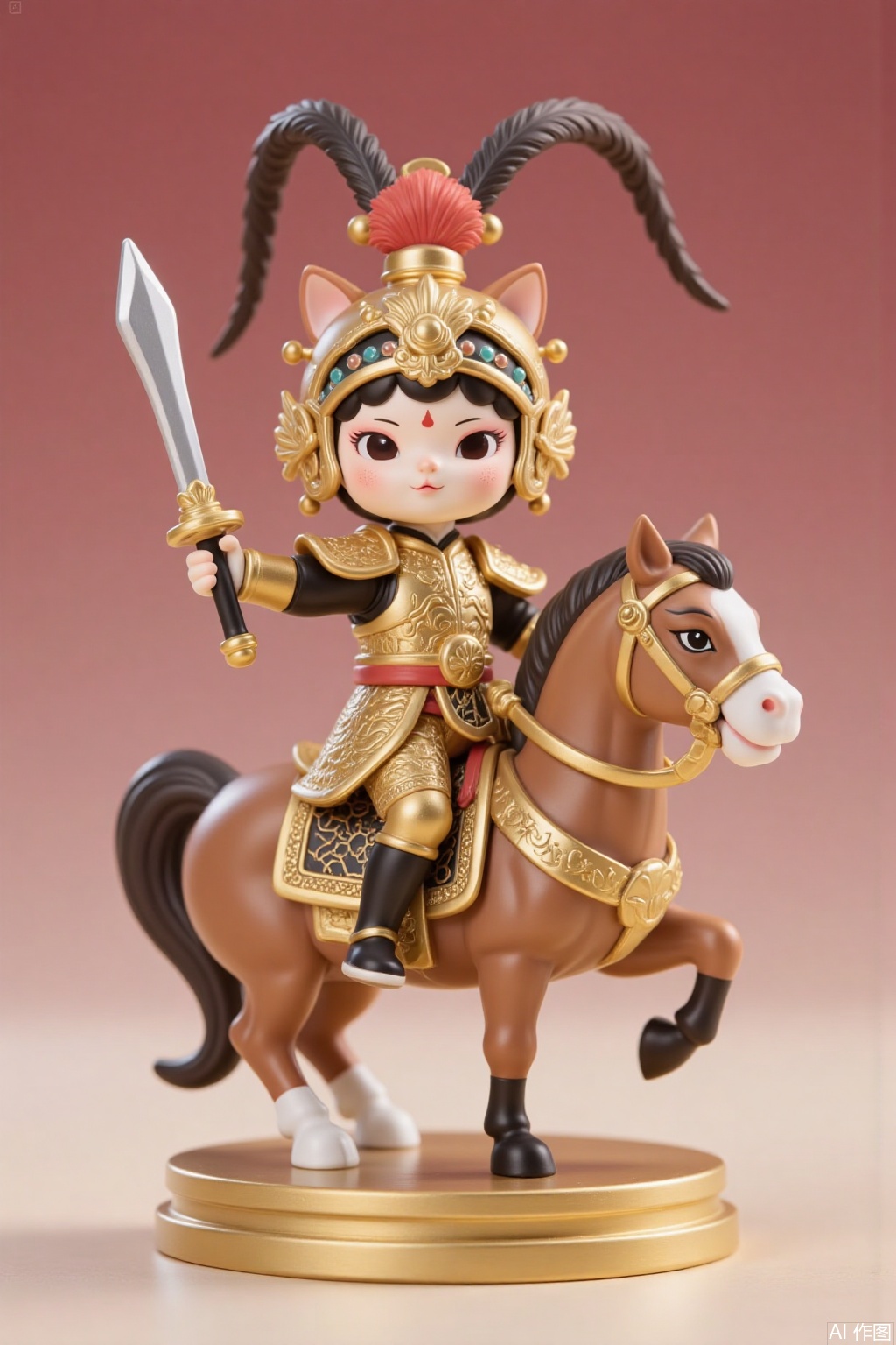 Chinese style figure doll, opera style, sword and horse costume, holding a spear, wearing golden armor, golden feather helmet, swaying movements,wawa,cat,mr