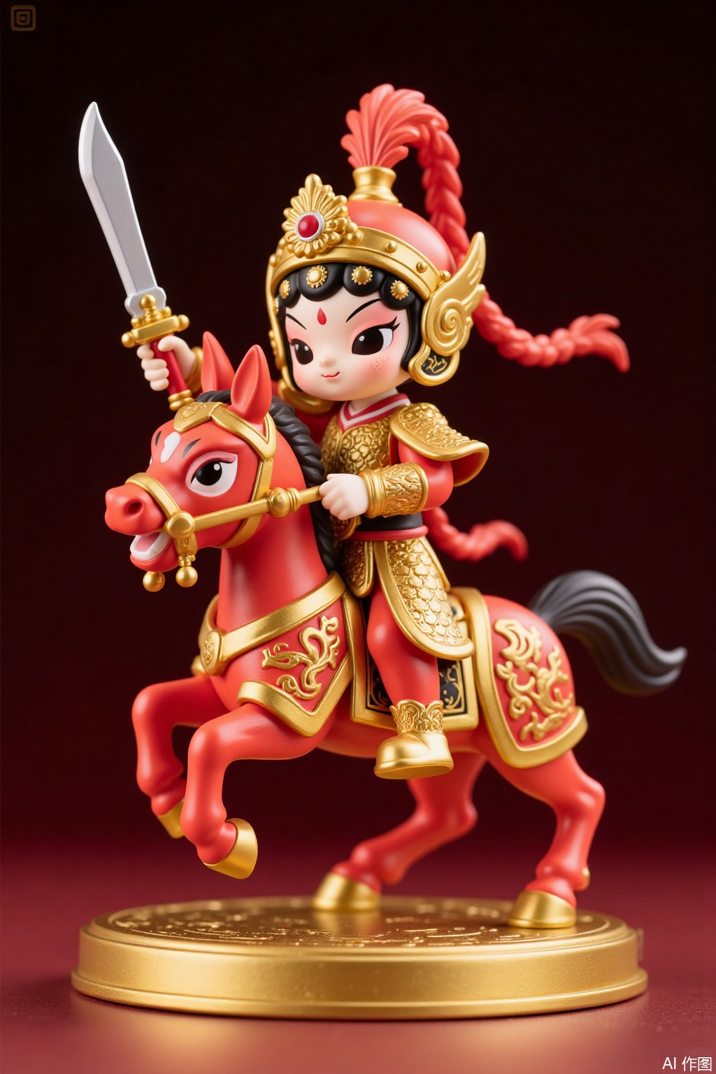 Chinese style figure doll, opera style, sword and horse costume, holding a spear, wearing golden armor, golden feather helmet, swaying movements,wawa