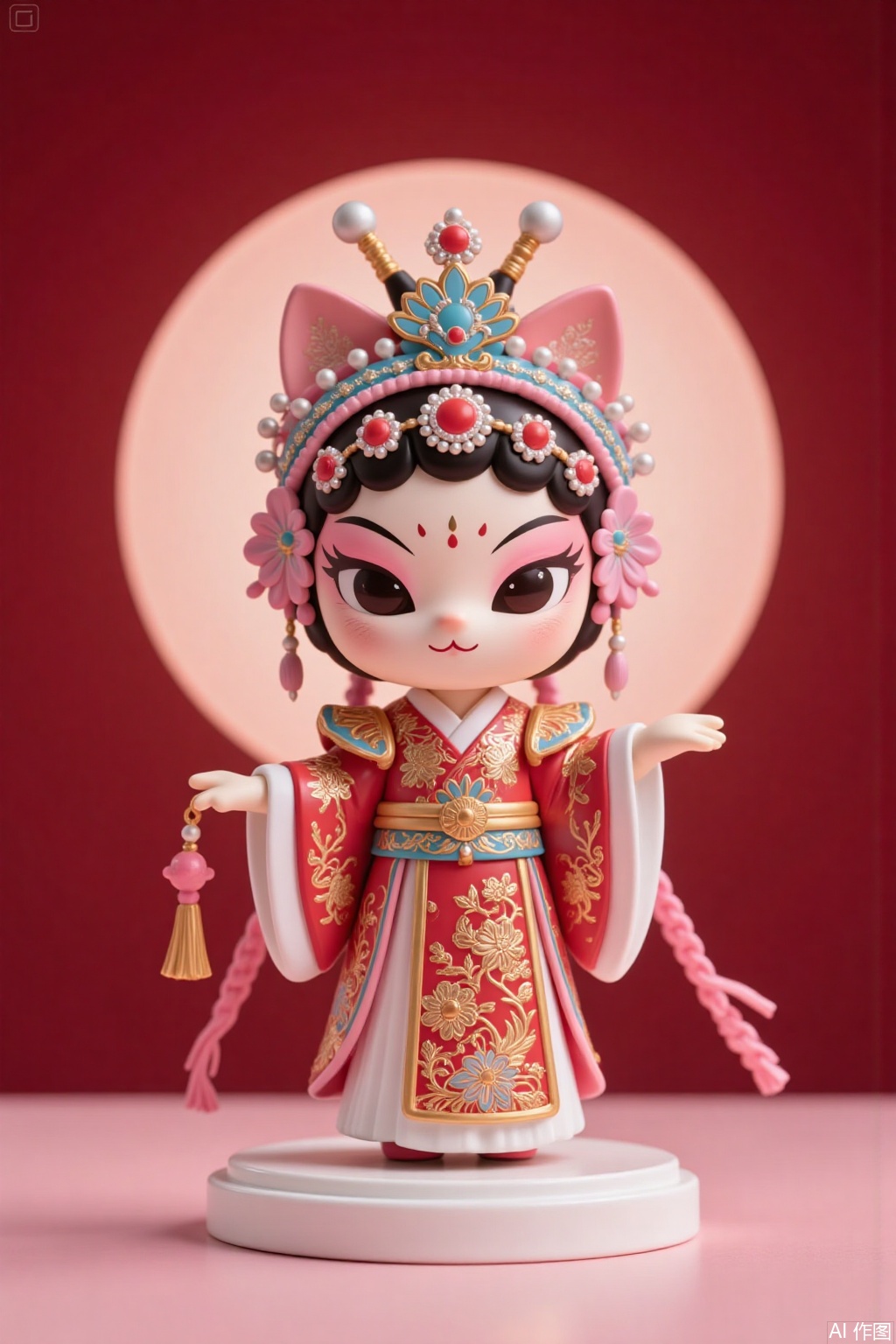 Chinese style figure doll, opera style, Peking Opera soubrette, soubrette costume, red and pink color scheme;,wawa,cat,mr