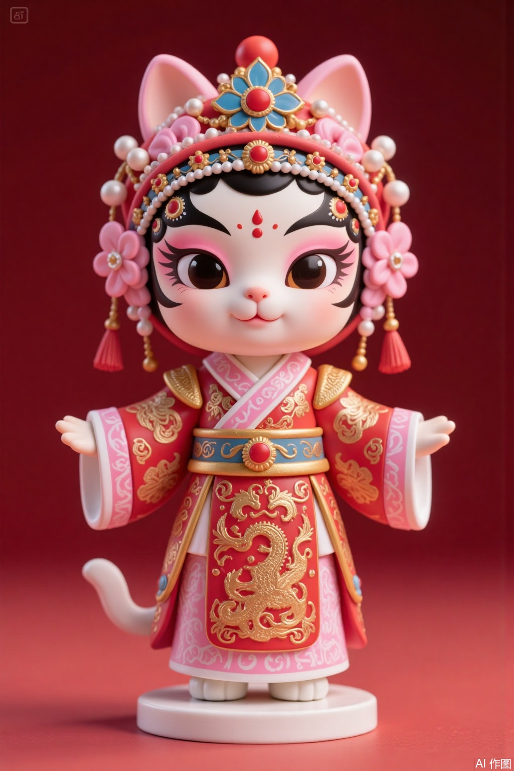 Chinese style figure doll, opera style, Anthropomorphic cat dressed in Peking Opera female costume,Peking Opera soubrette, soubrette costume, red and pink color scheme;,wawa,cat,mr