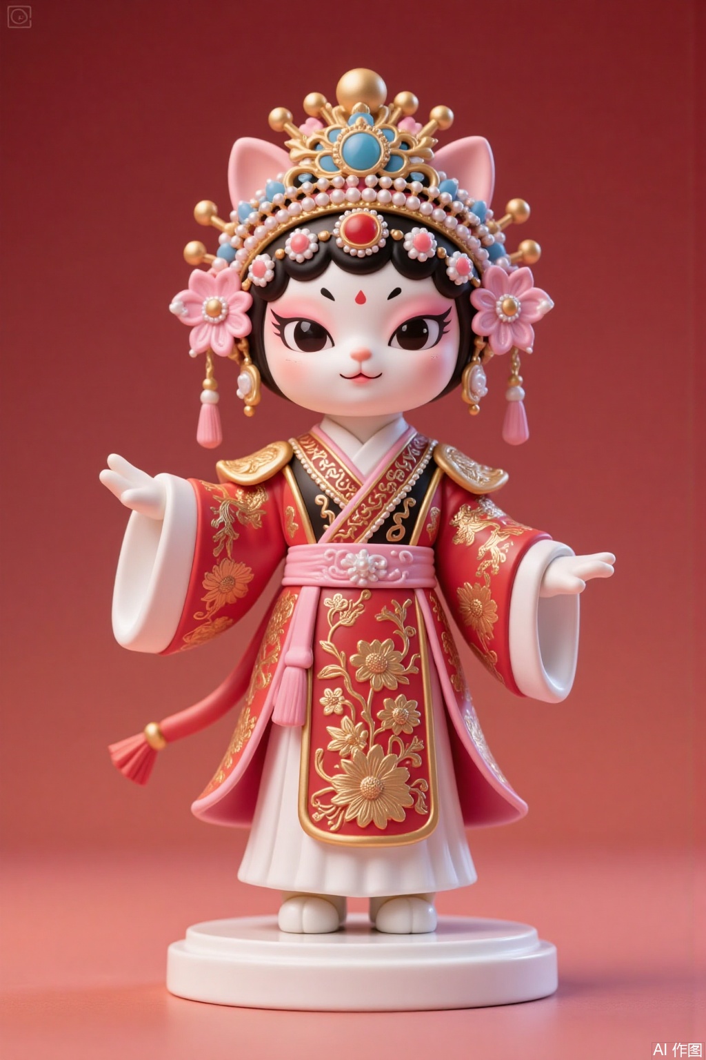 Chinese style figure doll, opera style, Anthropomorphic cat dressed in Peking Opera female costume,Peking Opera soubrette, soubrette costume, red and pink color scheme;,wawa,cat,mr