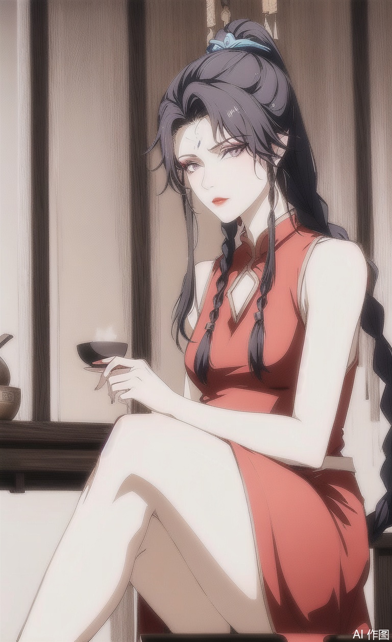 Wearing a red cheongsam and a Chinese cheongsam, sitting in a teahouse with tea on a small table, sitting on a stool with crossed legs in the teahouse,
1girl, solo, long hair, looking at viewer,
black hair, hair ornament, purple eyes, ponytail, braid,
twin braids, （makeup, red lips,）
