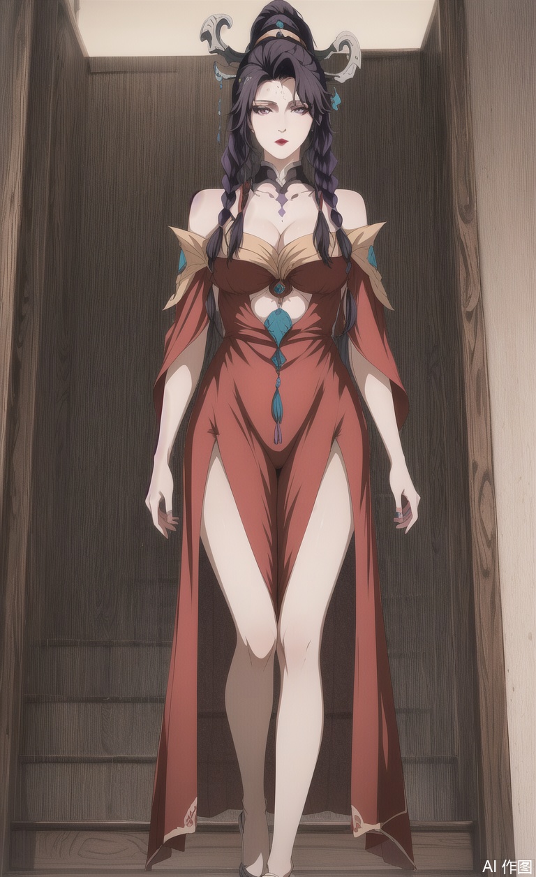 High ponytail, purple pajamas, lace purple pajamas, pajamas, jumpsuit dress, bare legs, wearing white rabbit slippers, wearing white slippers, descending stairs from the 2nd floor, down stairs, stairs,
1girl, solo, long hair, looking at viewer,
black hair, hair ornament, purple eyes, ponytail, braid,
twin braids, （makeup, red lips,）
