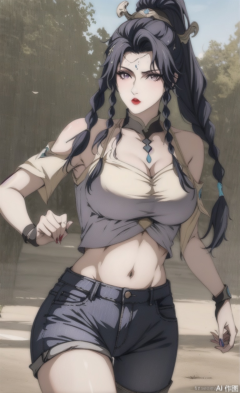 White top, blue and white top, belly button, ultra short jeans, wearing jeans, wearing short jeans, black thighs, wearing sports stockings, wearing black sports stockings, wearing white sports shoes, running on campus, in the school square, running on the school square,
1girl, solo, long hair, looking at viewer,
black hair, hair ornament, purple eyes, ponytail, braid,
twin braids, （makeup, red lips,）