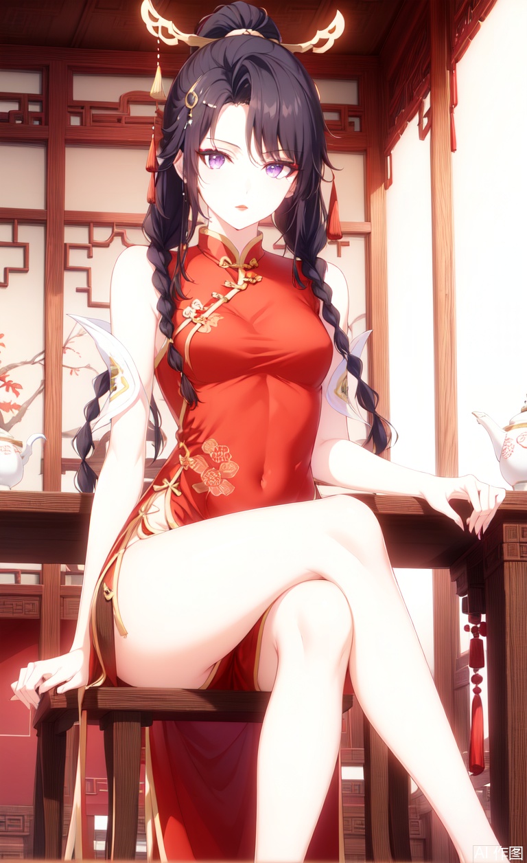 Wearing a red cheongsam and a Chinese cheongsam, sitting in a teahouse with tea on a small table, sitting on a stool with crossed legs in the teahouse,
1girl, solo, long hair, looking at viewer,
black hair, hair ornament, purple eyes, ponytail, braid,
twin braids, （makeup, red lips,）