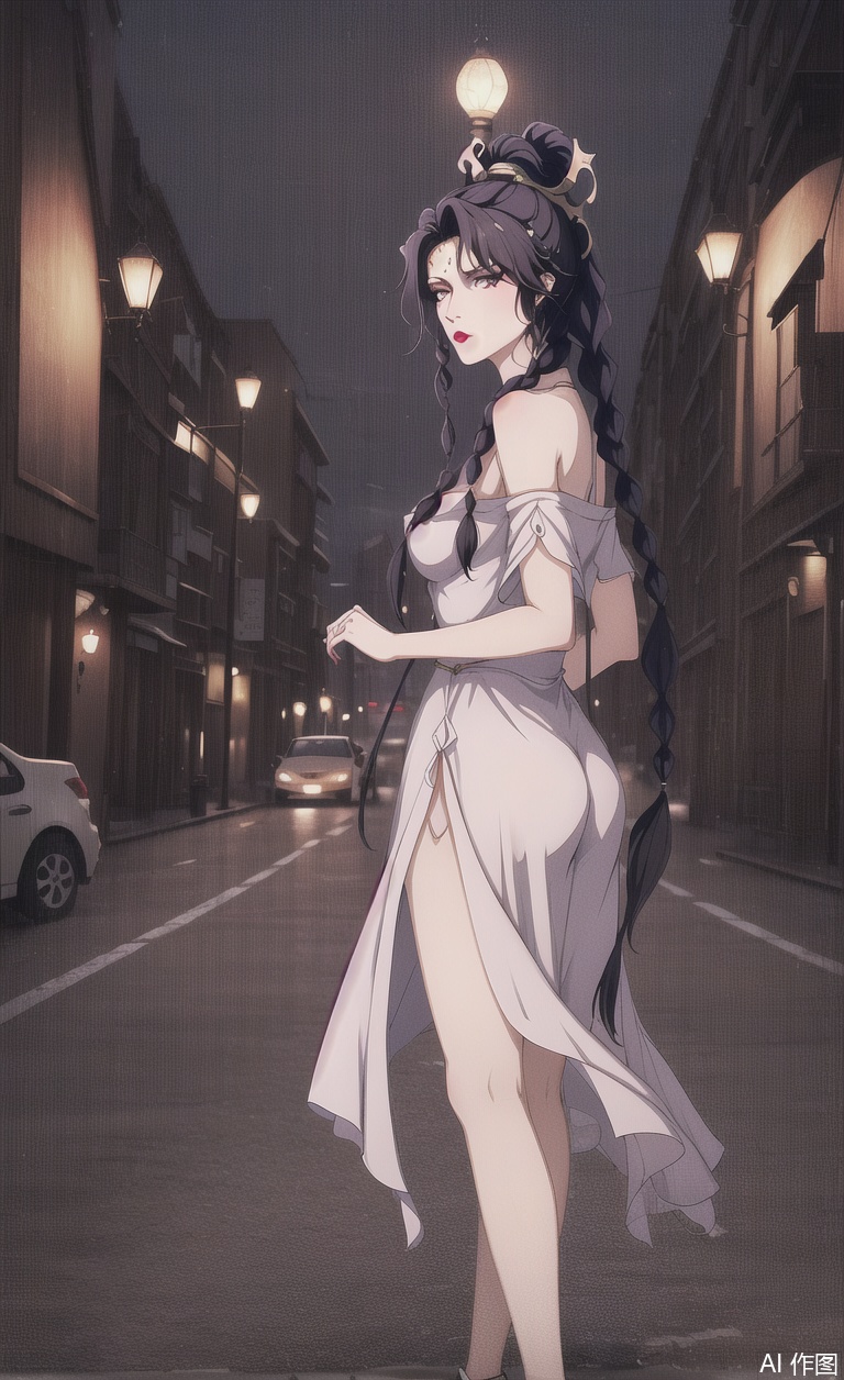 Purple pajamas, lace purple pajamas, pajamas, jumpsuit dress, bare legs, wearing white rabbit slippers, wearing white slippers, crossing zebra crossings, traffic light signs, traffic light buildings, crossing roads, at night, moonlight, moon,
1girl, solo, long hair, looking at viewer,
black hair, hair ornament, purple eyes, ponytail, braid,
twin braids, （makeup, red lips,）
