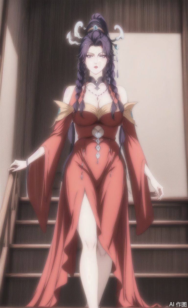 High ponytail, purple pajamas, lace purple pajamas, pajamas, jumpsuit dress, bare legs, wearing white rabbit slippers, wearing white slippers, descending stairs from the 2nd floor, down stairs, stairs,
1girl, solo, long hair, looking at viewer,
black hair, hair ornament, purple eyes, ponytail, braid,
twin braids, （makeup, red lips,）