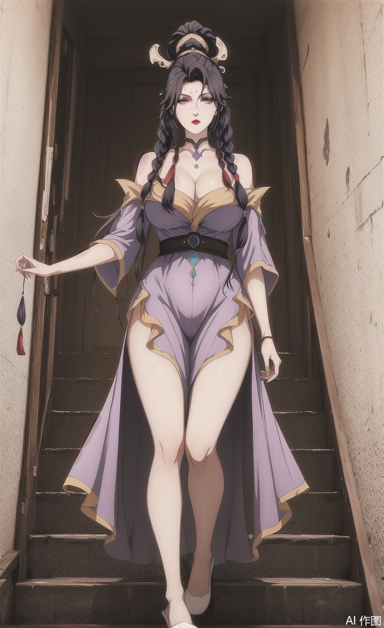 High ponytail, purple pajamas, lace purple pajamas, pajamas, jumpsuit dress, bare legs, wearing white rabbit slippers, wearing white slippers, descending stairs from the 2nd floor, down stairs, stairs,
1girl, solo, long hair, looking at viewer,
black hair, hair ornament, purple eyes, ponytail, braid,
twin braids, （makeup, red lips,）
