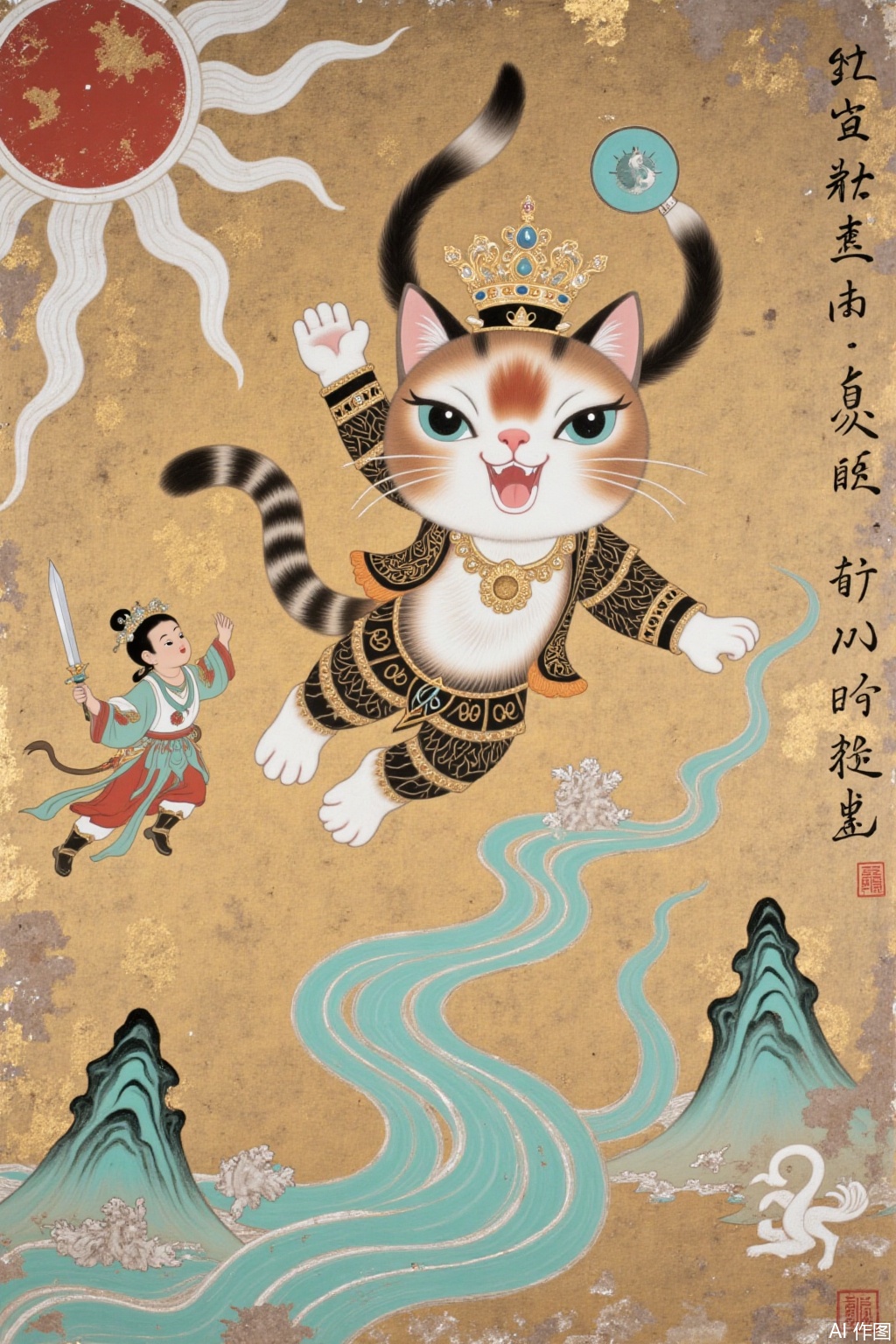 Dunhuang mural style picture, picture depicting an anthropomorphic cat falling from the sky