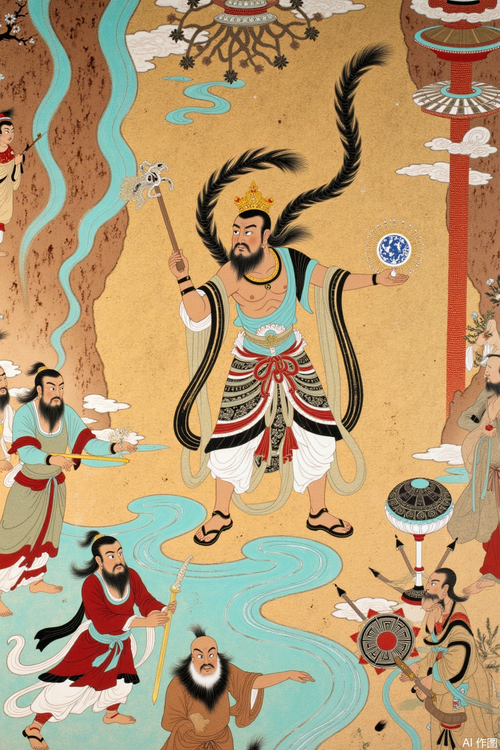 Dunhuang mural style, the picture describes the story of Sun Wukong making a big fuss in the Heavenly Palace, dhbh