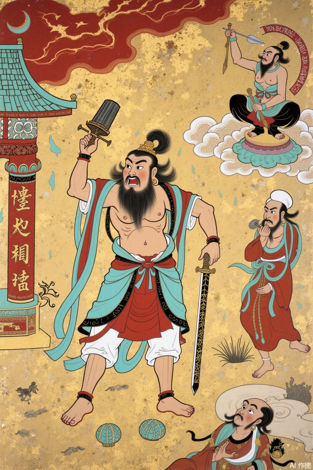 Dunhuang mural style, using the style of Dunhuang murals to draw the picture of Sun Wukong making a fuss in the Heavenly Palace, dhbh