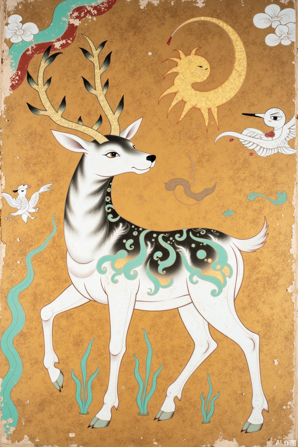 The Dunhuang mural style is a nine-color deer with snow-white main body, the fur has crescent-shaped patterns, the pattern color is dark green, earthy yellow, and ochre red gradient, the antlers are golden branches, and the back is suspended. The background is filled with flying patterns and curly grass patterns, and mineral pigment texture is used. The overall picture is warm and gold tones. The fine brushwork and heavy color techniques are expressed, with the peeling texture of the mural, and the symmetrical composition shows the sacred sense.