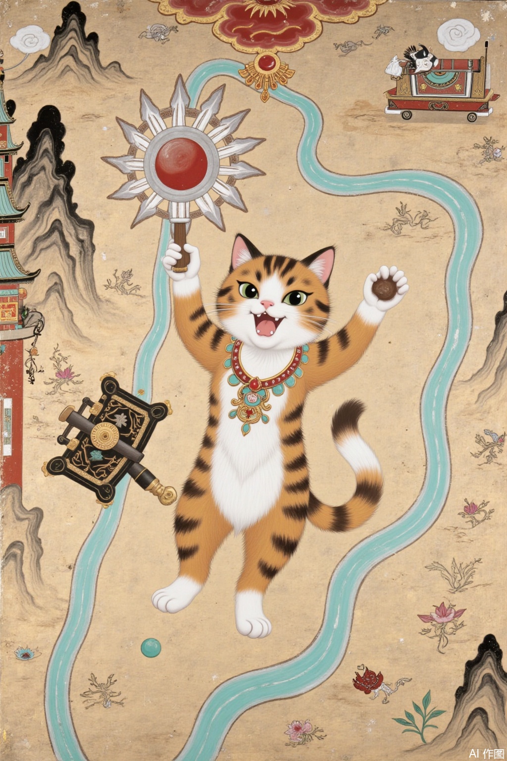 Dunhuang mural style picture, picture depicting an anthropomorphic cat falling from the sky