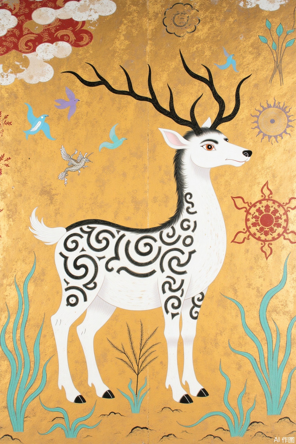 The Dunhuang mural style is a nine-color deer with snow-white main body, the fur has crescent-shaped patterns, the pattern color is dark green, earthy yellow, and ochre red gradient, the antlers are golden branches, and the back is suspended. The background is filled with flying patterns and curly grass patterns, and mineral pigment texture is used. The overall picture is warm and gold tones. The fine brushwork and heavy color techniques are expressed, with the peeling texture of the mural, and the symmetrical composition shows the sacred sense.