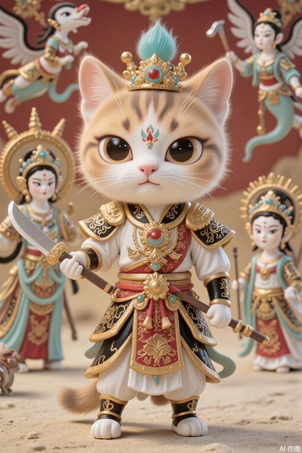 Chinese-style puppet, knife-and-horse-style, anthropomorphic cat, cat-person, dressed in male knife-and-horse attire, posing, a background of Dunhuang murals featuring flying apsaras in the style of Dunhuang.;,wawa,cat,mr