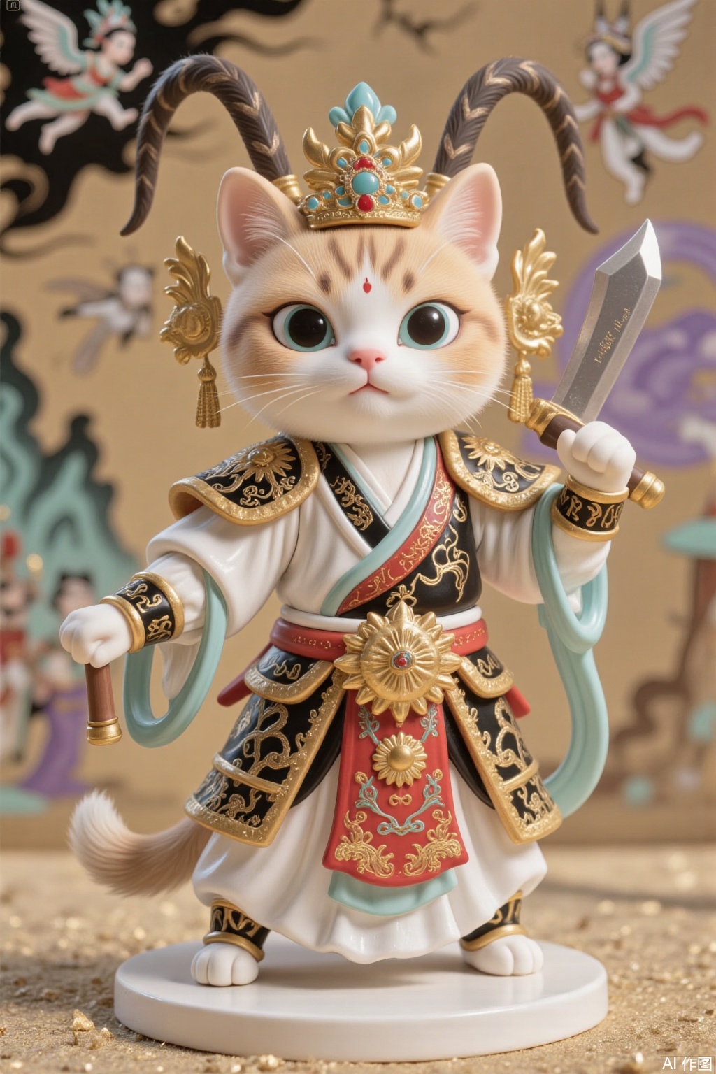 Chinese-style puppet, knife-and-horse-style, anthropomorphic cat, cat-person, dressed in male knife-and-horse attire, posing, a background of Dunhuang murals featuring flying apsaras in the style of Dunhuang.;,wawa,cat,mr