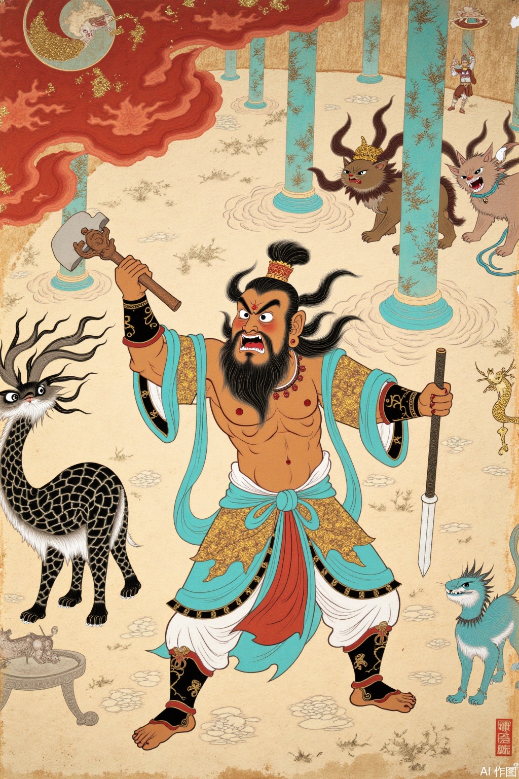 Dunhuang mural style, using the style of Dunhuang murals to draw the picture of Sun Wukong making a fuss in the Heavenly Palace, dhbh
