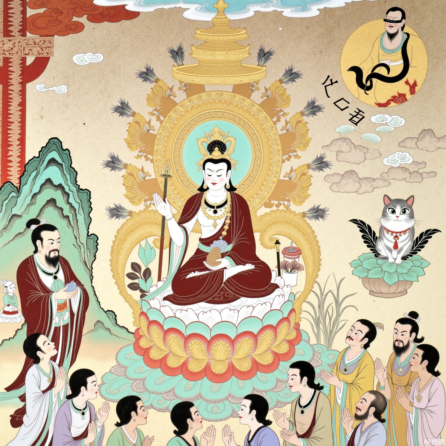 The Buddha sat on the high platform, crossed his legs and made Buddha seals with one hand. He was kind and was preaching. There were many believers sitting below, listening to the Dharma.