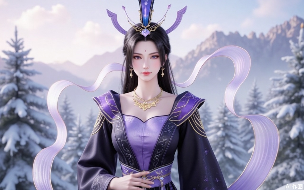 baoshi,lvjing,
,zifushengnv,1girl,solo,jewelry,mountain,black hair,long hair,dress,earrings,outdoors,tree,upper body,hair ornament,long sleeves,necklace,chinese clothes,sash,closed mouth,purple dress,5,cover,gradient background,close-up details,outstanding style,adding a touch of dimension to your images without compromising details,close-up