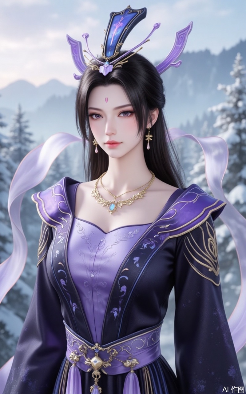 baoshi,lvjing,
,zifushengnv,1girl,solo,jewelry,mountain,black hair,long hair,dress,earrings,outdoors,tree,upper body,hair ornament,long sleeves,necklace,chinese clothes,sash,closed mouth,purple dress,5,cover,gradient background,close-up details,outstanding style,adding a touch of dimension to your images without compromising details,close-up