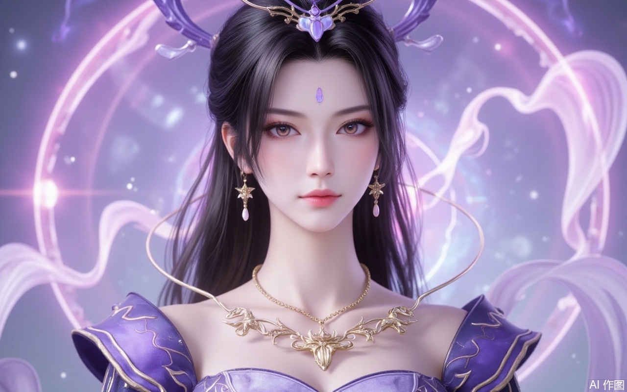 baoshi,lvjing,
,zifushengnv,1girl,jewelry,solo,necklace,upper body,earrings,long hair,hair ornament,black hair,dress,looking at viewer,forehead mark,facial mark,closed mouth,purple dress,4,cover,gradient background,close-up details,outstanding style,adding a touch of dimension to your images without compromising details,close-up