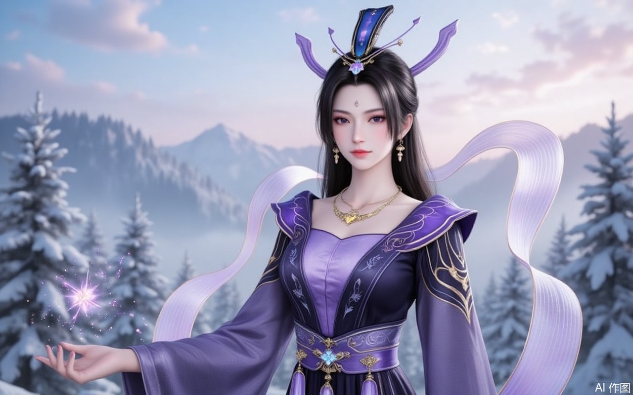 baoshi,lvjing,
,zifushengnv,1girl,solo,jewelry,mountain,black hair,long hair,dress,earrings,outdoors,tree,upper body,hair ornament,long sleeves,necklace,chinese clothes,sash,closed mouth,purple dress,5,cover,gradient background,close-up details,outstanding style,adding a touch of dimension to your images without compromising details,close-up