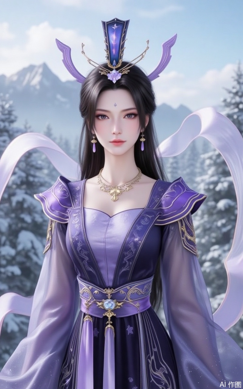baoshi,lvjing,
,zifushengnv,1girl,solo,jewelry,mountain,black hair,long hair,dress,earrings,outdoors,tree,upper body,hair ornament,long sleeves,necklace,chinese clothes,sash,closed mouth,purple dress,5,cover,gradient background,close-up details,outstanding style,adding a touch of dimension to your images without compromising details,close-up