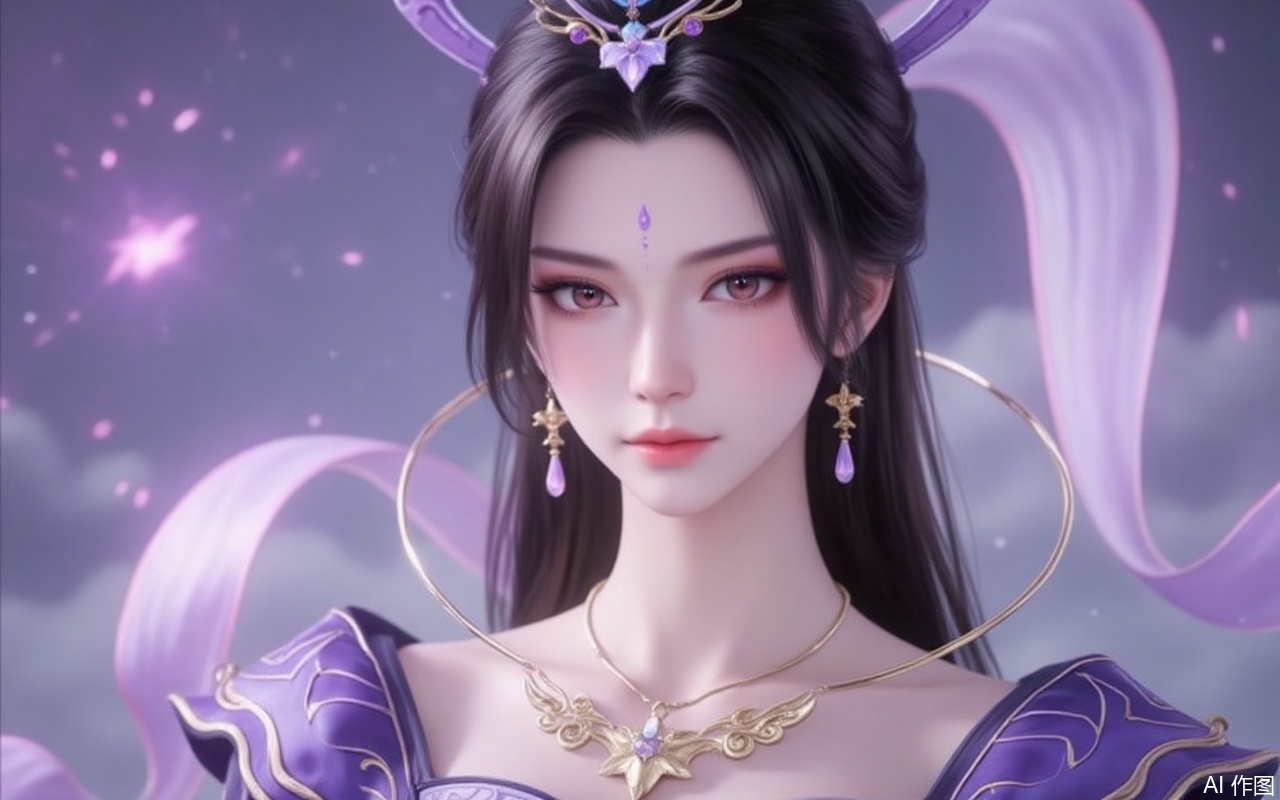 baoshi,lvjing,
,zifushengnv,1girl,jewelry,solo,necklace,upper body,earrings,long hair,hair ornament,black hair,dress,looking at viewer,forehead mark,facial mark,closed mouth,purple dress,4,cover,gradient background,close-up details,outstanding style,adding a touch of dimension to your images without compromising details,close-up