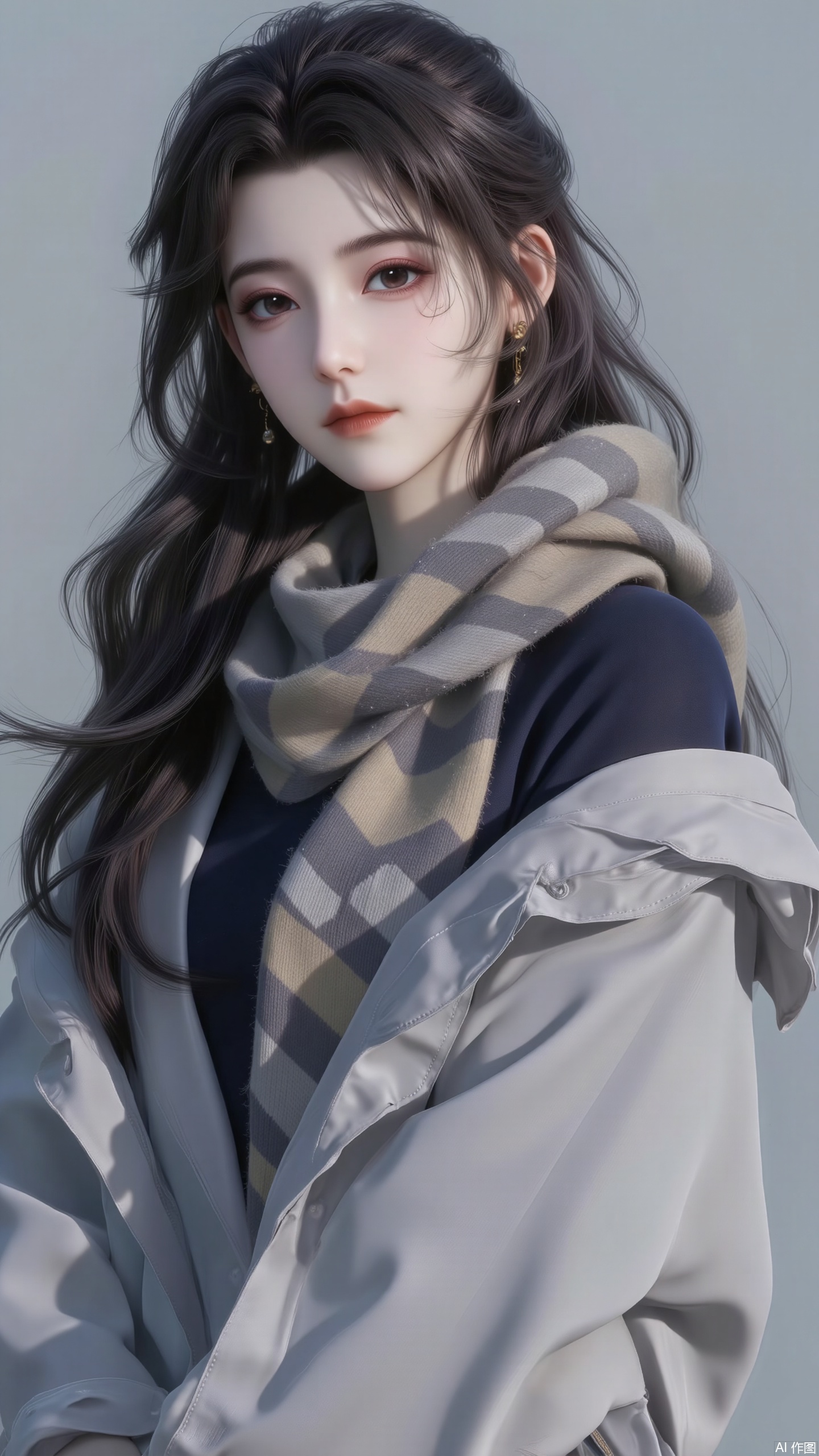 lxq.1girl, Anime,This is a digital illustration featuring a young person with a pale, almost ethereal complexion, and long, voluminous, wavy black hair that cascades around their shoulders. Their facial features are delicate, with high cheekbones, a small nose, and full, slightly parted lips. They have large, expressive eyes that are a deep, intense brown. The person is dressed in a large, light gray overcoat that falls to their knees, giving a cozy, winter vibe. Underneath, they wear a dark-colored top, possibly a sweater or shirt. Wrapped around their neck is a thick, patterned scarf in shades of gray and beige, adding a touch of warmth and texture to the outfit. The background is a soft, muted gray, blending seamlessly with the person's attire and enhancing the overall somber, serene atmosphere. The image is highly detailed and realistic, with a soft, almost dreamlike quality to the lighting and textures. The overall style of the illustration is modern, with a focus on realism and intricate details, making it a captivating and immersive piece of art.
