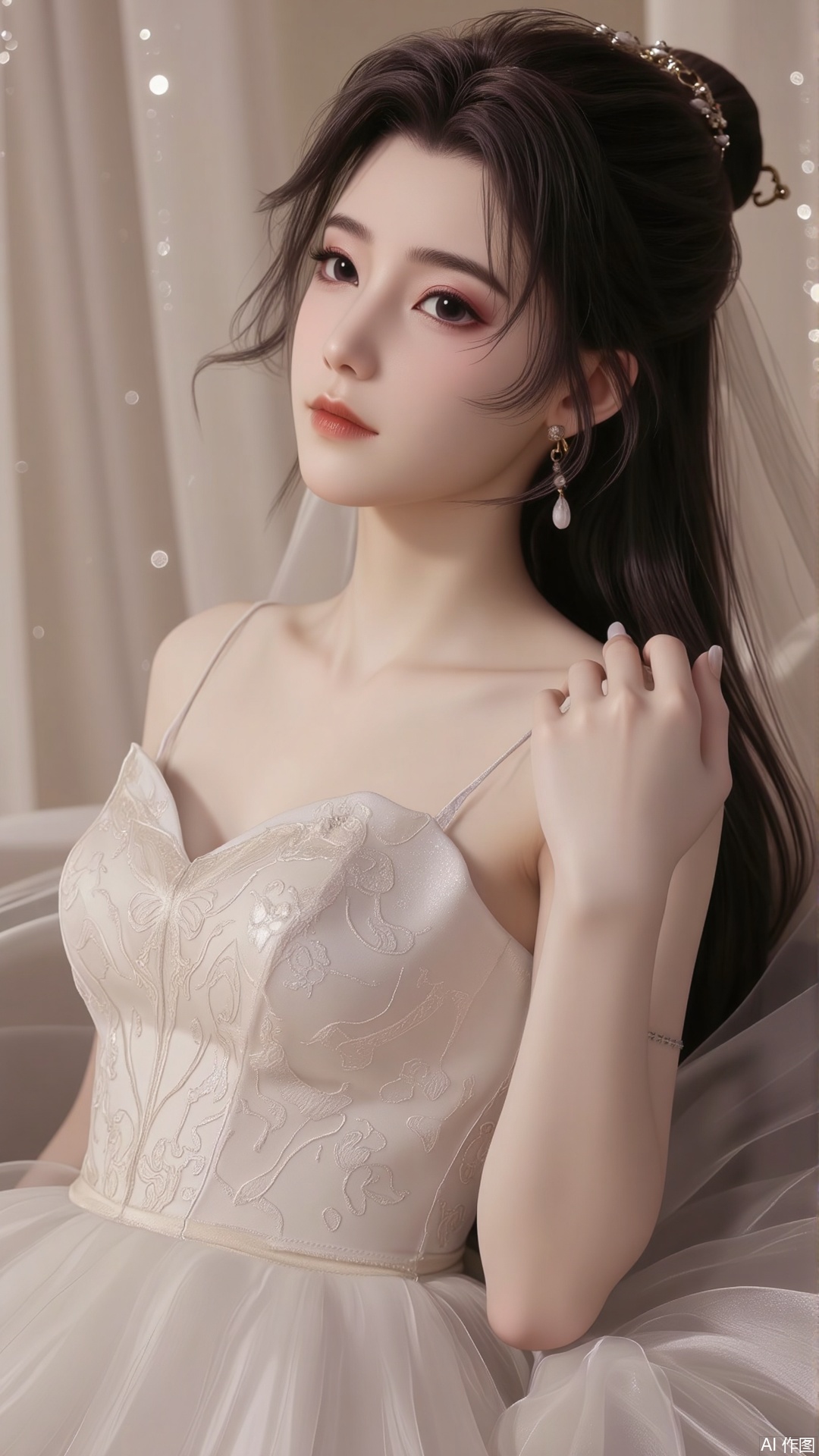1girl,This is a high-resolution photograph featuring a young East Asian woman seated in a softly lit room. She has a fair complexion and a slender physique with a small frame. Her dark,straight hair is styled in an elegant updo,with a delicate veil flowing down her back. She wears a strapless wedding gown adorned with intricate,white,sheer butterfly appliques that cover her chest,creating a romantic and ethereal effect. The dress is fitted at the bodice,accentuating her megalateo,and flows into a voluminous,tulle skirt. Her expression is serene and slightly smiling,with a subtle,natural makeup highlighting her delicate features. The background features an array of similar,sheer fabrics with glittery accents,adding to the dreamy ambiance. The overall color palette is soft and neutral,with a focus on whites and light pastels,creating a serene and ethereal atmosphere. The setting appears to be a bridal salon,possibly during a fitting session.,(huge breasts:2.79),