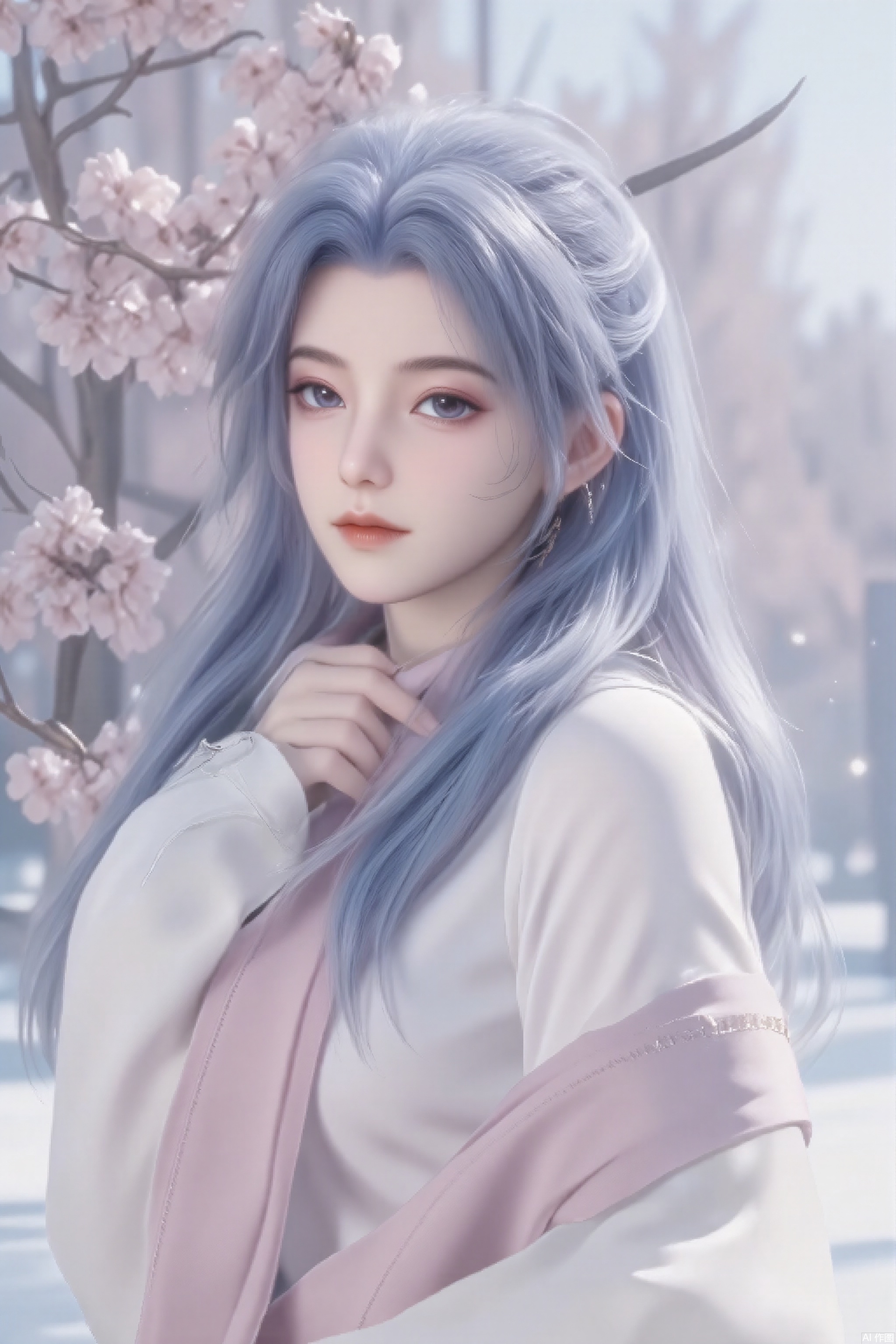 A serene winter wonderland scene: a stunning beauty stands sideways, her delicate pale blue hair subtly framing her face. Her captivating pose showcases her prominent décolletage. She wraps herself in a soft pink scarf, complementing the gentle snowfall surrounding her. In the distance, blooming plum blossoms add a touch of vibrant color to the serene landscape, as if frozen in time.