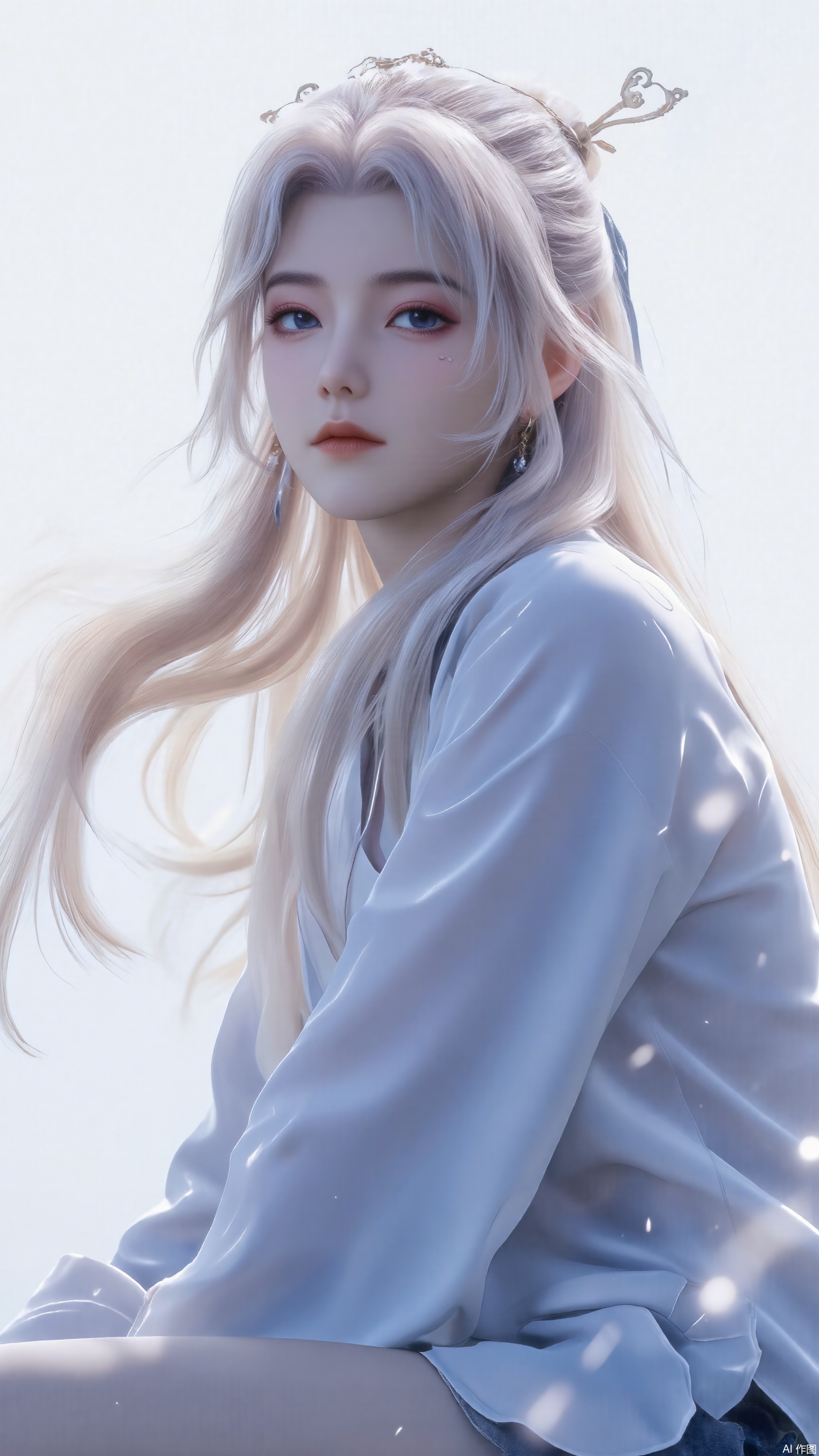1girl, solo, long hair, looking at viewer, bangs, blue eyes, blonde hair, simple background, shirt, hair ornament, white background, bow, ribbon, sitting, closed mouth, full body, hair ribbon, white shirt, ponytail, flower, white hair, hair bow, sidelocks, thighs, shorts, barefoot, signature, hair flower, blunt bangs, feet, legs, short shorts, bare legs, toes, character doll, flower knot, lumine \(genshin impact\), kamisato ayaka ,backlighting,blue and white theme,depth of field,cinematic lighting,light particles,lens flare, (artist:quasarcake:0.8),extreme aesthetic,(wlop:0.6),masterpiece,best quality,good quality,newest,very aesthetic,absurdres,A shot with tension, ultra-high resolution,32K UHD,sharp focus,best-quality,masterpiece,Emotionalization,unconventional supreme masterpiece,masterful details,temperate atmosphere,with a high-end texture,in the style of fashion photography, (Visual impact:1.2),giving the poster a dynamic and visually striking appearance,impactful picture,offcial art,colorful,movie perspective, masterpiece,best quality,amazing quality,very aesthetic,absurdres,best quality,newest