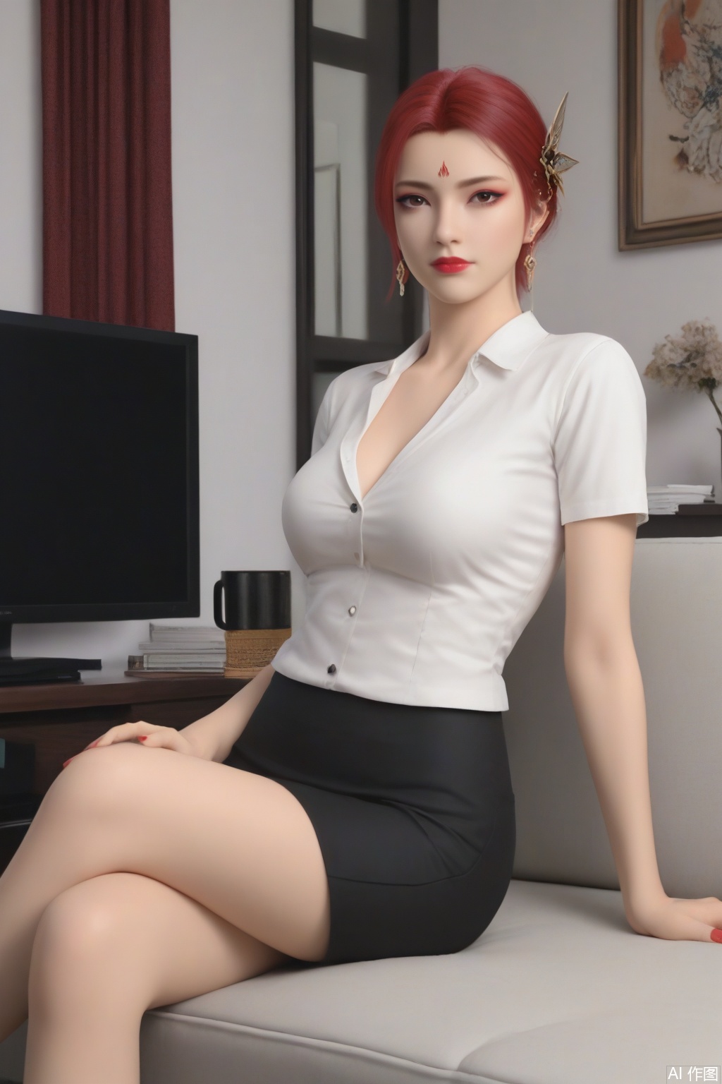 score_9_up,1girl, solo, breasts, looking at viewer, short hair, hair ornament, ((white shirt )), cleavage,  brown eyes, jewelry, medium breasts, red hair, earrings, makeup, forehead mark,YaFei,modern,living room,television,coffee table,sitting on the couch,red nail polish,crossed_legs_(sitting) 