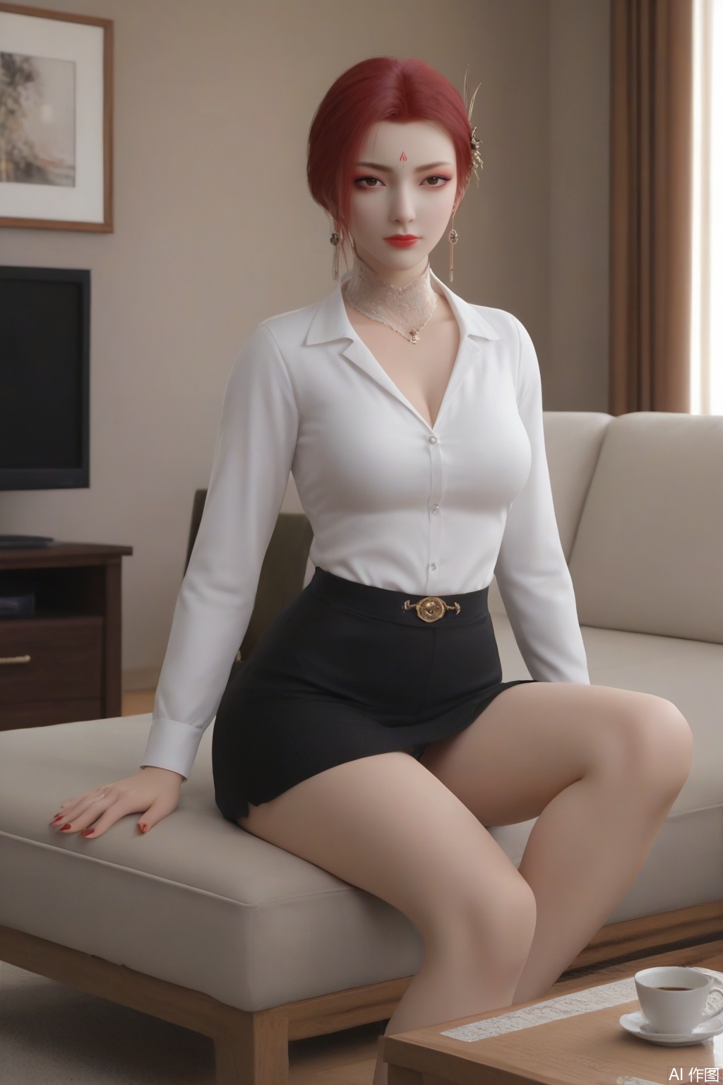 score_9_up,1girl, solo, breasts, looking at viewer, short hair, hair ornament, ((white shirt )), cleavage,  brown eyes, jewelry, medium breasts, red hair, earrings, makeup, forehead mark,YaFei,modern,living room,television,coffee table,sitting on the couch,red nail polish,crossed_legs_(sitting) 