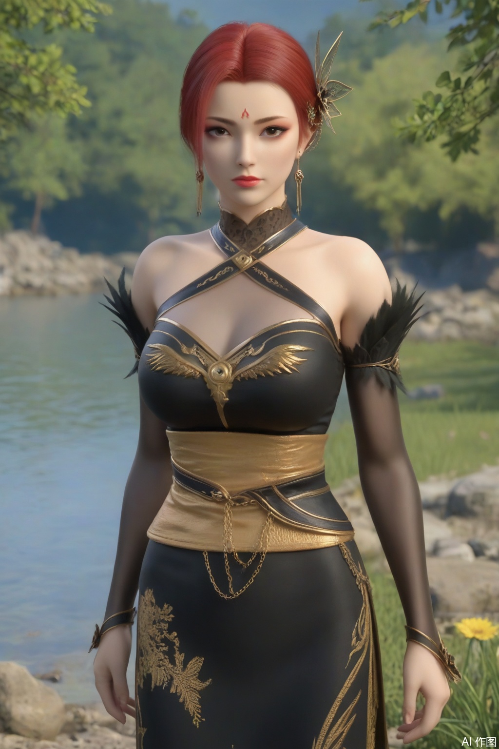 score_9_up,1girl, solo, breasts, looking at viewer, short hair, hair ornament, gloves, dress, cleavage, bare shoulders, brown eyes, jewelry, medium breasts, closed mouth, red hair, earrings, elbow gloves, black dress, makeup, halterneck, forehead mark,YaFei,outdoor,grass,flowers,lake,blue sky,sunlight,standing
