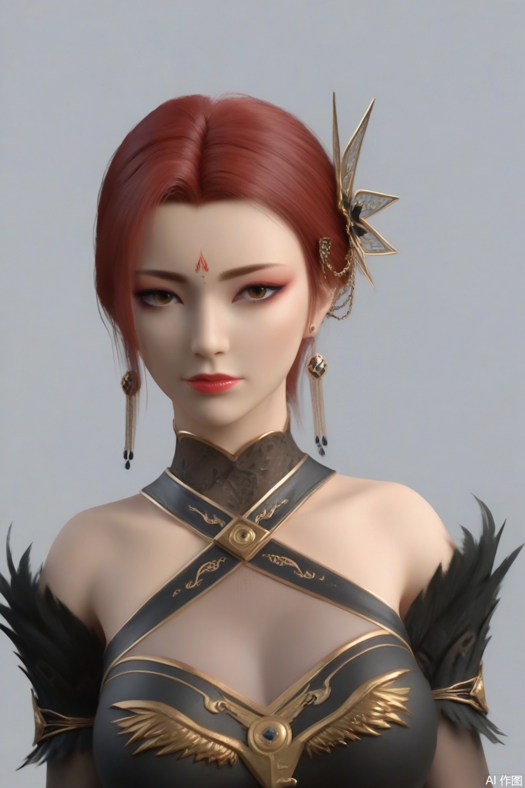 score_9_up,1girl, solo, breasts, looking at viewer, short hair, hair ornament, gloves, dress, cleavage, bare shoulders, brown eyes, jewelry, medium breasts, closed mouth, upper body, red hair, earrings, elbow gloves, black dress, makeup, halterneck, forehead mark,YaFei