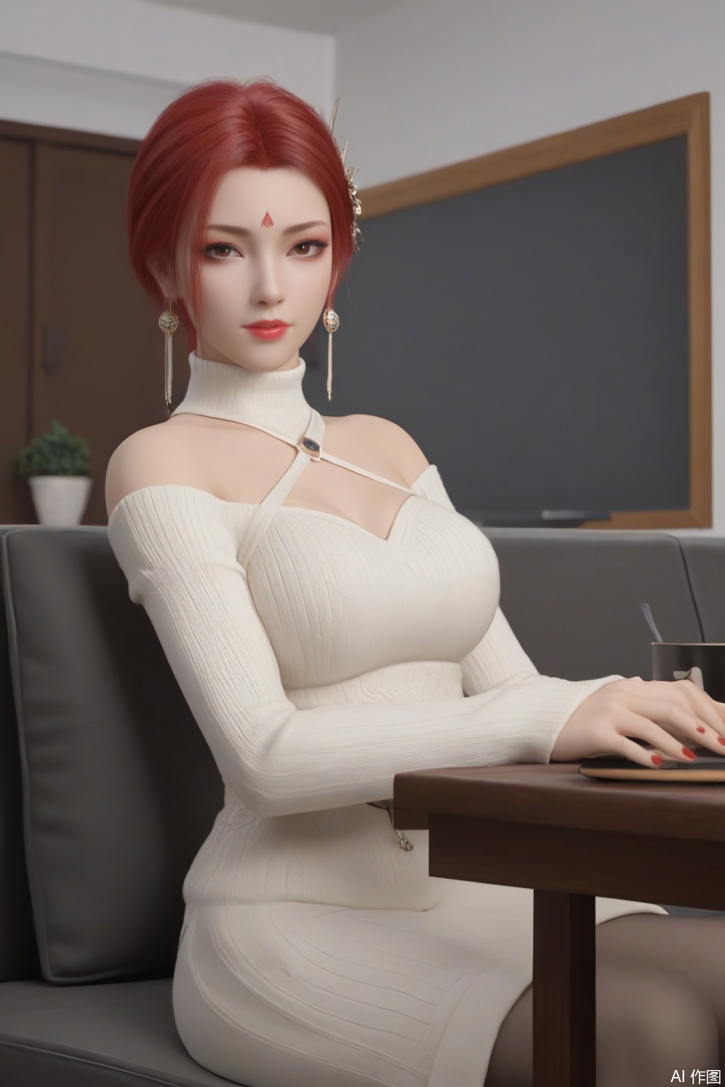 score_9_up,1girl, solo, breasts, looking at viewer, short hair, hair ornament, ((white sweater dress)), cleavage, bare shoulders, brown eyes, jewelry, medium breasts, red hair, earrings, makeup, forehead mark,YaFei,modern,living room,television,coffee table,sitting on the couch,red nail polish