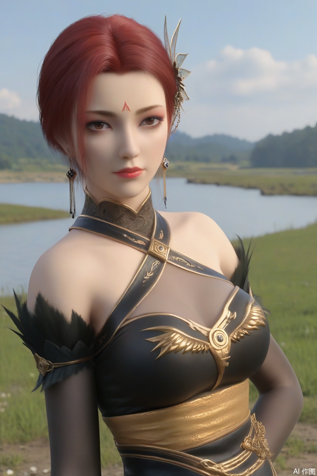 score_9_up,1girl, solo, breasts, looking at viewer, short hair, hair ornament, gloves, dress, cleavage, bare shoulders, brown eyes, jewelry, medium breasts, closed mouth, red hair, earrings, elbow gloves, black dress, makeup, halterneck, forehead mark,YaFei,outdoor,grass,flowers,lake,blue sky,sunlight,standing