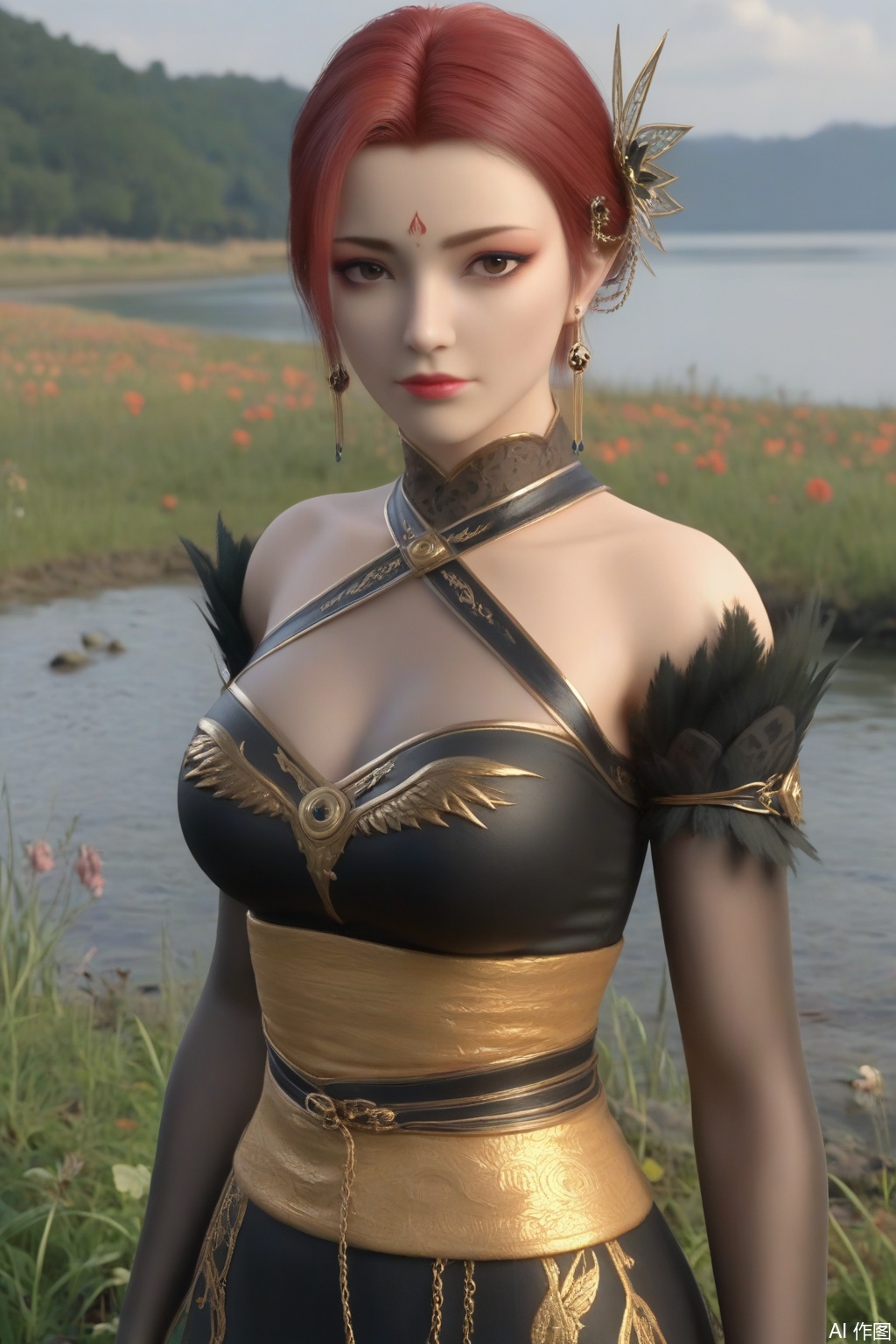 score_9_up,1girl, solo, breasts, looking at viewer, short hair, hair ornament, gloves, dress, cleavage, bare shoulders, brown eyes, jewelry, medium breasts, closed mouth, red hair, earrings, elbow gloves, black dress, makeup, halterneck, forehead mark,YaFei,outdoor,grass,flowers,lake,blue sky,sunlight,standing