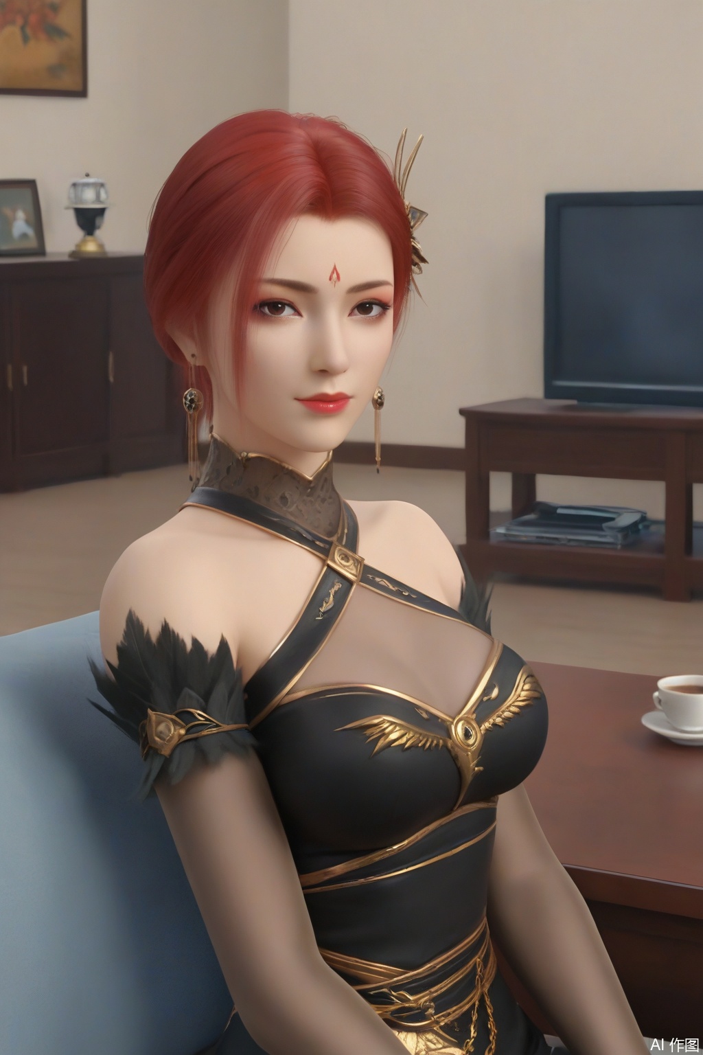 score_9_up,1girl, solo, breasts, looking at viewer, short hair, hair ornament, gloves, dress, cleavage, bare shoulders, brown eyes, jewelry, medium breasts, closed mouth, red hair, earrings, elbow gloves, black dress, makeup, halterneck, forehead mark,YaFei,modern,living room,television,coffee table,sitting on the couch