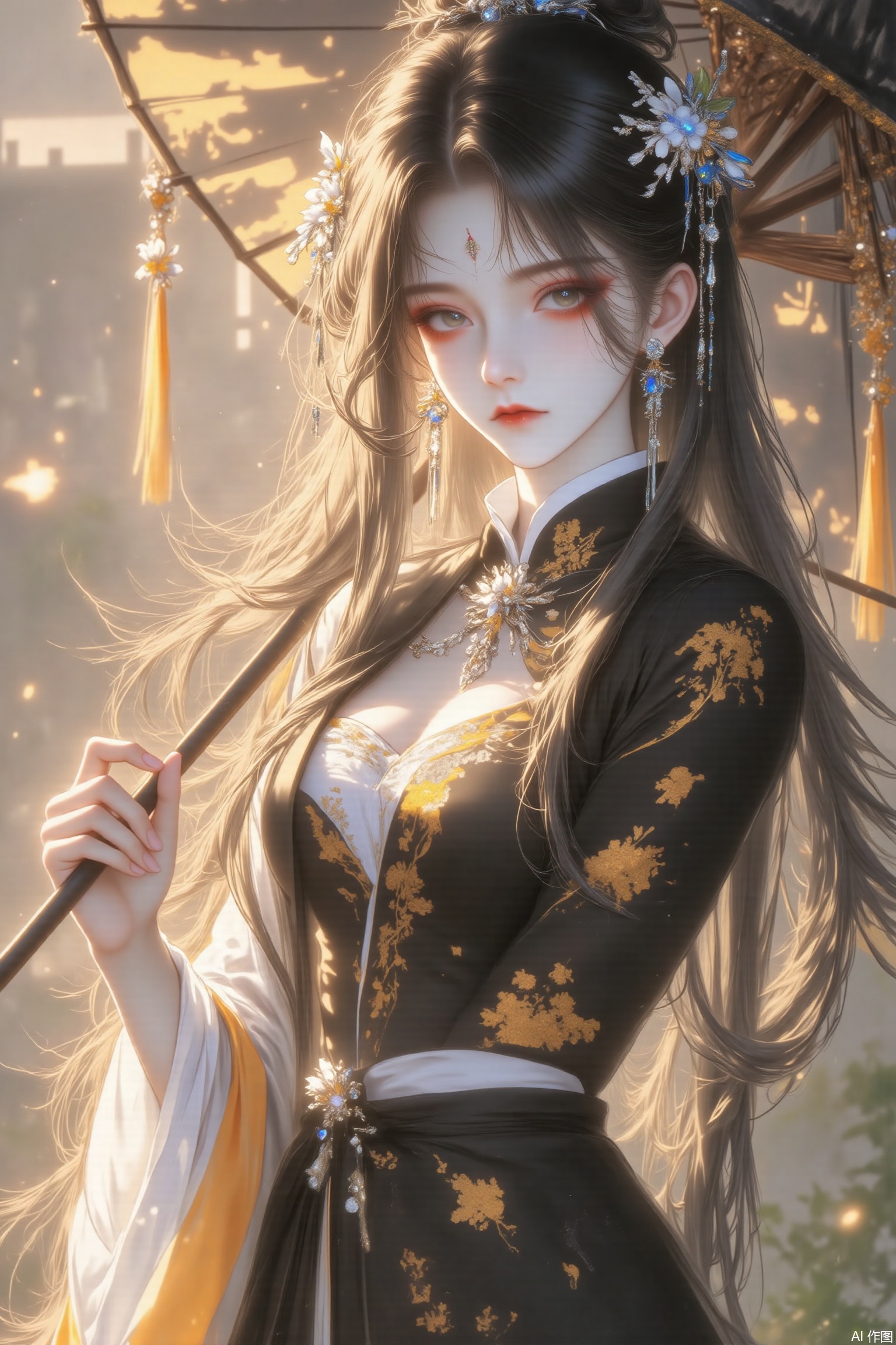 This is a highly detailed, digital artwork in a realistic fantasy style, depicting a young woman with a blend of Eastern and Western influences. She has long, flowing black hair adorned with delicate floral accessories, and her skin is fair with a subtle glow. Her striking, almond-shaped eyes are a deep, intense red, adding to her ethereal appearance. She is dressed in an ornate, high-collared, black and orange dress that features intricate gold designs, emphasizing her slender yet voluptuous figure. The dress is adorned with flowing, white sleeves and a blue sash, adding depth and contrast to her attire. Her outfit is complemented by a black, high-waisted skirt that exposes a portion of her thigh. In her right hand, she holds a large, open parasol with a black and gold design, casting a soft, warm glow over her. The parasol is adorned with delicate cherry blossom petals, adding a touch of nature to the otherwise elaborate scene. The background is a serene, golden sunset, with cherry blossoms floating around her, creating a dreamy, ethereal atmosphere. The overall image is rich in texture and color, with a focus on light and shadow, highlighting the intricate details of her dress and the soft, flowing fabric.