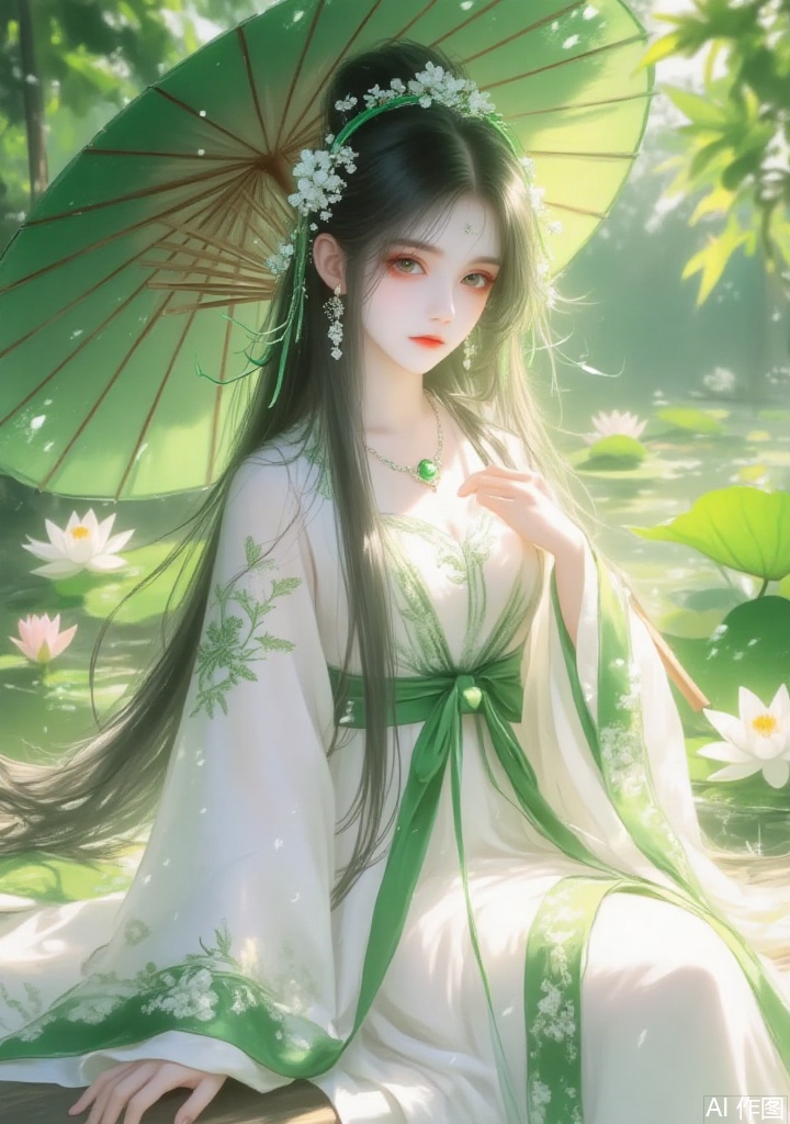 This image is a digital illustration in the style of traditional Chinese painting, showcasing a serene scene set in a lush, green pond. The central figure is a young woman with long, straight, jet-black hair adorned with delicate floral accessories. She is sitting on a wooden dock, surrounded by lily pads and water lilies. Her attire is a flowing, white silk dress with intricate green embroidery, featuring a wide, green sash tied at the waist. The dress has long, flowing sleeves that cascade gracefully around her, and she holds a large, green parasol above her head, providing shade from the bright sunlight that filters through the leaves.

Her makeup is subtle, with a pale complexion and soft, pink lips. She has large, expressive eyes, which are a deep, rich brown, and she gazes gently into the distance. Her accessories include a delicate, green headband with small, white flowers, and a matching necklace with a central, green pendant. The background is a mix of greenery, with sunlight filtering through the leaves, casting a soft, golden glow over the scene. The overall mood is peaceful and ethereal, capturing a moment of tranquility and beauty.
